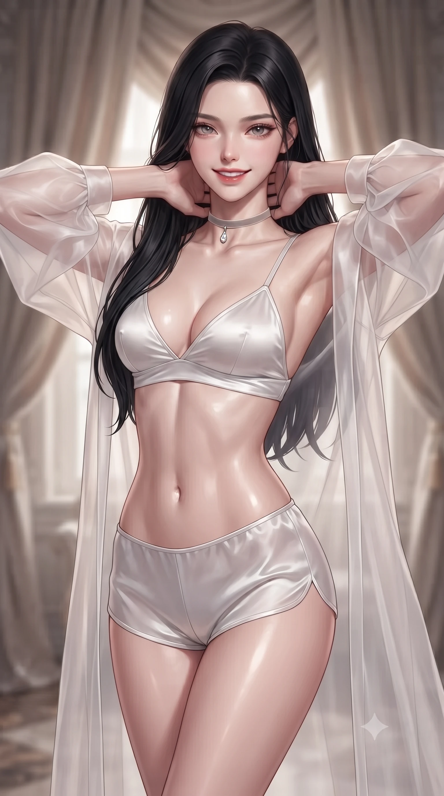 score_9, masterpiece, best quality, ultra-detailed, high-budget anime keyframe, editorial fashion photography, tasteful artistic composition, Korean woman. close-up cowboy shot from the waist and thighs up, the character dominates the composition, filling the frame with her large presence. resting both hands lightly behind her neck with elbows raised, arching her spine to highlight her narrow waist, flat midriff, and breathtaking collarbones while twisting her slender torso in an alluring contrapposto stance, shimmering turquoise and topaz stained-glass light caressing her narrow waist and curvy hips. The background shows a soft-focus flowing velvet salon drapery softened in Belle Époque European grand salon shallow focus. She has an exceptionally elegant, slender, and willowy female figure with an ultra-slim waist, flat toned midriff, narrow ribcage, and sculpted feminine hips creating an alluring, slim hourglass silhouette without bulk. sharp v-shaped jawline, high-bridge nose, intricate jewel-like sparkling eyes with depth, thick eyelashes, glossy parted lips with a natural peach sheen, bright cheerful beaming smile with an enchanting and coquettish sensual glint, exuding both youthful cute charm and seductive allure, flawlessly proportioned anatomical accuracy, strict slender model proportions, natural body alignment, perfectly sculpted long slender limbs, ultra-slim waistline, clean dynamic posture without body distortion. wearing a sheer silk organza modern caftan robe worn loose and slipping off bare shoulders over a matching satin bralette and micro-shorts in pure translucent crystal white and liquid platinum, made of sheer gossamer chiffon that drapes softly against skin with airy translucence, finished with a thin velvet ribbon choker and a single teardrop diamond pendant, the liquid-tight tailored fabric clinging flawlessly to her narrow waist and rounded feminine hips, emphasizing every millimeter of her sculpted slim hourglass curves without any bulky heaviness. illuminated by marble floor reflection bounce and sharp rose-gold rim lights sculpting her jawline, narrow waist, and curvy hips. ultra-reflective glossy finish, specular highlights, rich textural contrasts, high-contrast stereoscopic depth, volumetric dynamic lighting, 2k, ultra detail, master piece, 9:16 ratio