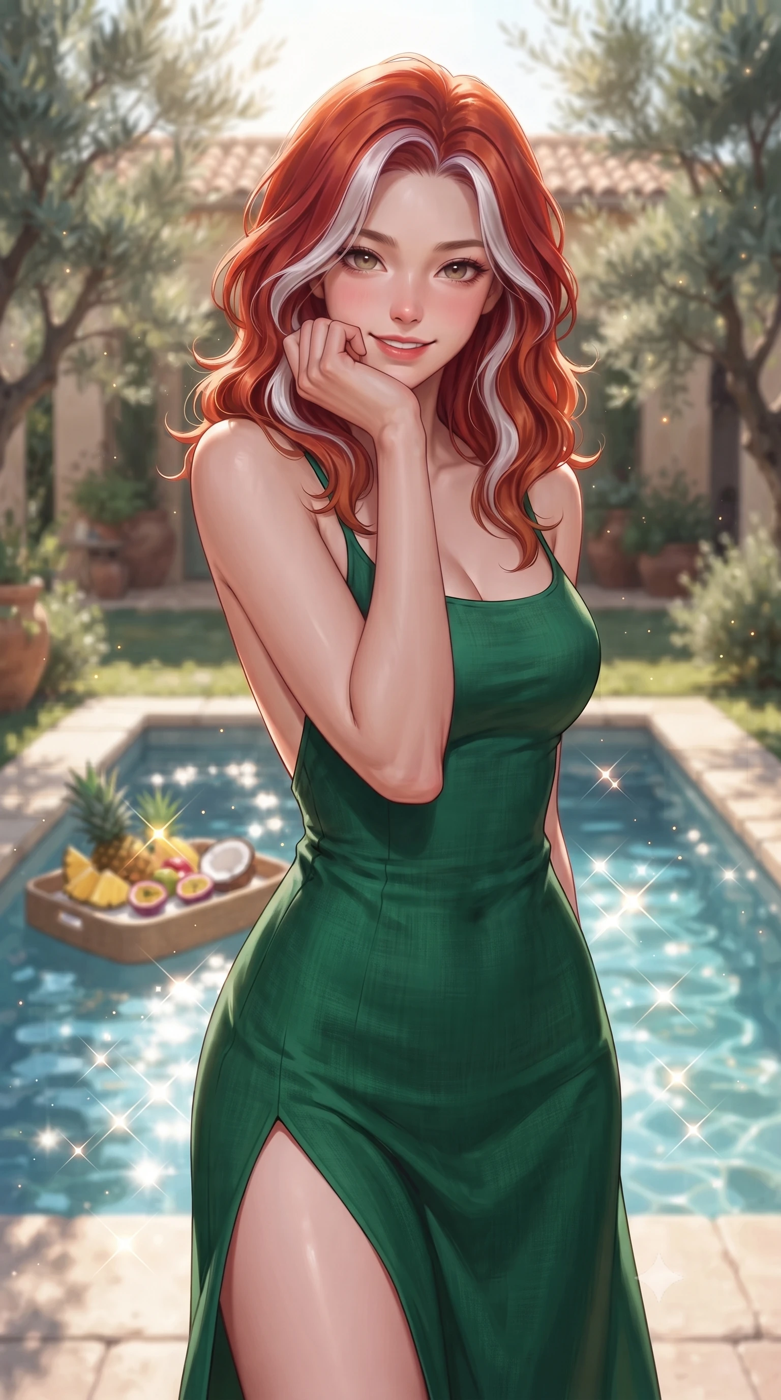 score_9, masterpiece, best quality, ultra-detailed, high-budget anime keyframe, editorial fashion photography, tasteful artistic composition, Caucasian woman. close-up cowboy shot from the waist and thighs up, the character dominates the composition, filling the frame with her large presence, background elements kept in soft focus. smiling cutely while resting her chin on her hand, looking directly into the lens set against a soft-focus background of on a sunny garden patio of a Tuscan-style villa with olive trees with a small pool tray floating on the water with tropical snacks. She has an exceptionally elegant, slender, and willowy female figure with an ultra-slim waist, a gracefully sculpted slender torso, and a refined silhouette. sharp v-shaped jawline, high-bridge nose, intricate jewel-like eyes with depth, thick eyelashes, glossy lips with a natural sheen. wearing form-contouring linen sundress with a daring high slit and a low-cut back design. fresh morning sun rays creating sparkling glints on the blue pool water. highly saturated vibrant anime colors, detailed shading with soft gradients, rich glossy textures, high-contrast stereoscopic depth, volumetric dynamic lighting, master piece, 9:16 ratio