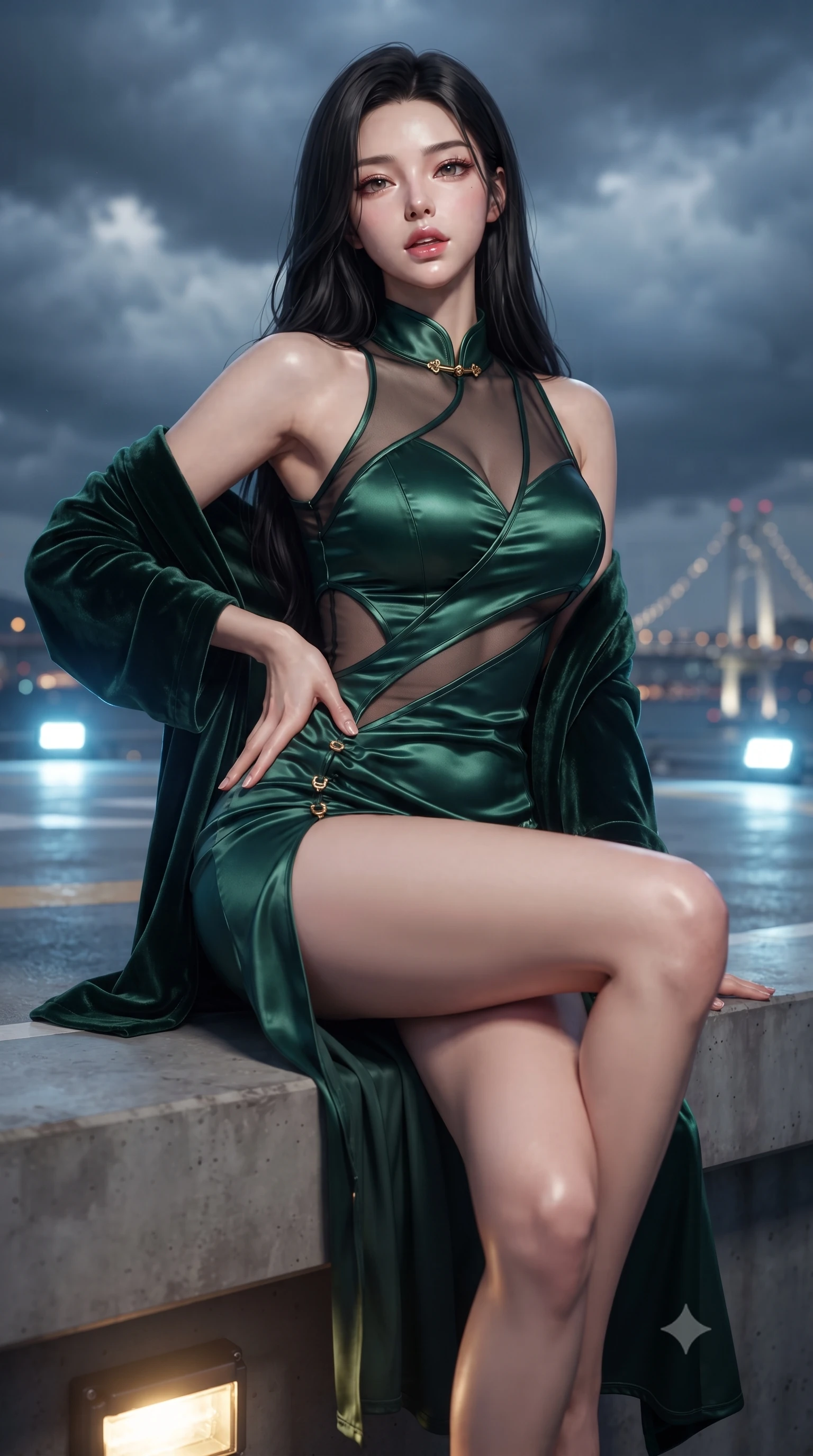 score_9, masterpiece, best quality, ultra-detailed, high-budget anime keyframe, editorial fashion photography, tasteful artistic composition, Korean woman. close-up cowboy shot from the waist and thighs up, the character dominates the composition, filling the frame with her large presence. resting one manicured hand delicately on her hip bone, her upper body turning in a fluid, seductive S-curve while parted lips glisten in the light while sitting perched on the raised helipad edge with one knee drawn up and long legs angled down, her narrow waist and curved hips sculpted by wind. The composition keeps background elements in soft focus with creamy bokeh. passing low storm clouds and distant suspension bridge lights softened in dramatic atmospheric depth. She has an exceptionally elegant, slender, and willowy female figure with an ultra-slim waist, flat toned midriff, narrow ribcage, and sculpted feminine hips creating an alluring, slim hourglass silhouette without bulk. sharp v-shaped jawline, high-bridge nose, intricate jewel-like eyes with depth, thick eyelashes, glossy parted lips with a natural sheen, intensely captivating and seductive bedroom-eyes expression, flawlessly proportioned anatomical accuracy, strict slender model proportions, natural body alignment, perfectly sculpted long slender limbs, ultra-slim waistline, clean dynamic posture without body distortion. wearing a wet-look silk fusion wrap dress with asymmetrical sheer mesh cutouts and high Mandarin collar in deep emerald green satin and gold hardware, woven from layered gossamer chiffon with a weightless sweeping drape, complemented by a plush velvet shawl draped loosely over her elbows, the form-contouring material adhering flawlessly to her sculpted flat midriff and slender torso, emphasizing her long leg lines and perfectly proportioned willowy build. bathed in cool blue helipad floodlights and ambient golden metropolis glow from below. ultra-reflective glossy finish, specular highlights, rich textural contrasts, high-contrast stereoscopic depth, volumetric dynamic lighting, 2k, ultra detail, master piece, 9:16 ratio