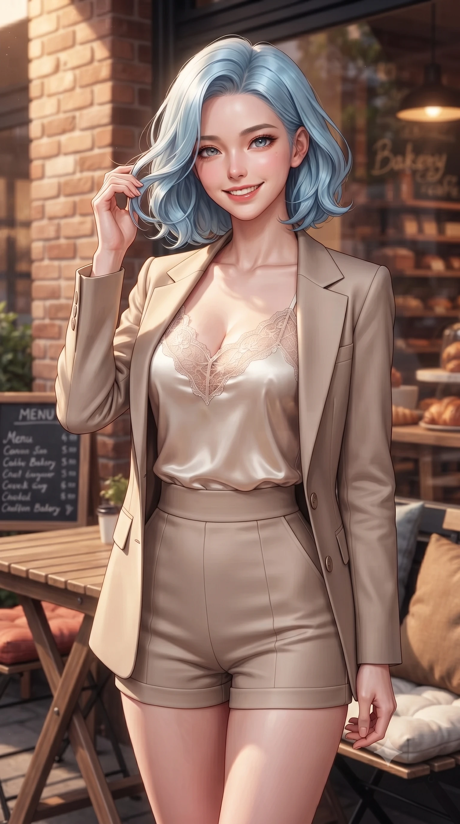 score_9, masterpiece, best quality, ultra-detailed, high-budget anime keyframe, editorial fashion photography, tasteful artistic composition, Korean woman. close-up cowboy shot from the waist and thighs up, the character dominates the composition, filling the frame with her large presence, background elements kept in soft focus. flashing an intoxicating, sunny grin while brushing a strand of hair away from her face set against a soft-focus background of at a cozy outdoor terrace table of a brick-walled bakery cafe with a handwritten menu board and cozy cushions on the chairs. She has an exceptionally elegant, slender, and willowy female figure with an ultra-slim waist, a gracefully sculpted slender torso, and a refined silhouette. sharp v-shaped jawline, high-bridge nose, intricate jewel-like eyes with depth, thick eyelashes, glossy lips with a natural sheen. wearing tailored delicate silk camisole with lace panels and a tailored blazer worn open over form-contouring shorts. warm golden lighting creating a cozy, relaxing weekend mood. highly saturated vibrant anime colors, detailed shading with soft gradients, rich glossy textures, high-contrast stereoscopic depth, volumetric dynamic lighting, master piece, 9:16 ratio