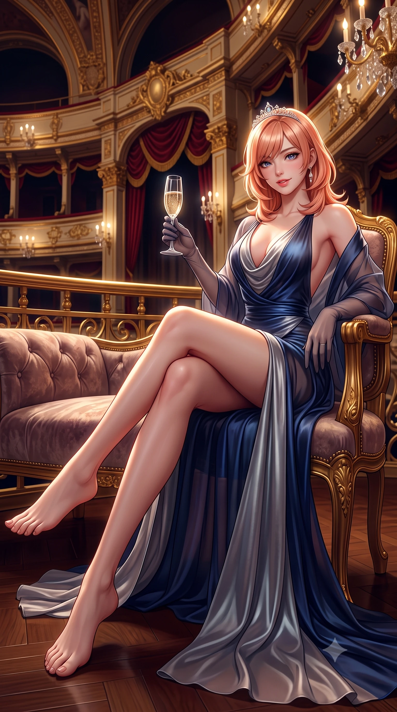 score_9, masterpiece, best quality, ultra-detailed, high-budget anime keyframe, semi-realistic 3D game render, editorial fashion photography, tasteful artistic composition, Japanese woman. low angle full-body shot from head to toe showing her feet, filling the entire 9:16 vertical frame with her statuesque presence, stretching her vertical silhouette. reclining gracefully across the plush chaise lounge with one leg extended, her sculpted silhouette and flat midriff radiating magnetic nocturnal glamour while sitting gracefully on the antique gilded armchair with legs crossed, holding a crystal champagne flute with an enchanting, parted-lip smile. The surrounding environment is rendered in vivid detail and crisp panoramic clarity: detailed plunging cowl-neck liquid silk evening gown drape, diamond tiara sparkle, and 19th-century Habsburg architecture in razor-sharp precision. She has an absolutely perfect, statuesque 8.5-heads proportion, an exceptionally tall and slender model-like female figure with impossibly long slender legs, an ultra-slim waist, a flat toned midriff, narrow delicate ribcage, and beautifully sculpted feminine hips creating a graceful, slim hourglass silhouette without any bulky heaviness. sharp v-shaped jawline, high-bridge nose, sparkling eyes with hypnotic seductive depth, thick curled eyelashes, glossy parted lips with a natural dewy peach sheen, alluring bedroom-eyes with an enchanting coquettish smile, exuding magnetic siren charisma and sophisticated glamour, flawlessly proportioned anatomical accuracy, strict slender model proportions, natural body alignment, perfectly sculpted long slender limbs, ultra-slim waistline, clean dynamic posture without body distortion. wearing a sheer silk organza modern caftan robe worn loose and slipping off bare shoulders over a matching satin bralette and micro-shorts in deep sapphire navy and molten silver, made of sheer gossamer chiffon that drapes softly against skin with airy translucence, complemented by sheer opera-length evening gloves tracing her slender arms, the glove-like clinging cut tightly following the natural contour of her hips and long slender legs with youthful 8.5-heads elegance. illuminated by gilded railing reflection bounce and sharp royal-gold rim lights sculpting her razor-sharp jawline, narrow waist, and curvy hips. highly saturated vibrant anime colors, detailed shading with soft gradients, rich glossy textures, high-contrast stereoscopic depth, volumetric dynamic lighting, master piece, 9:16 ratio