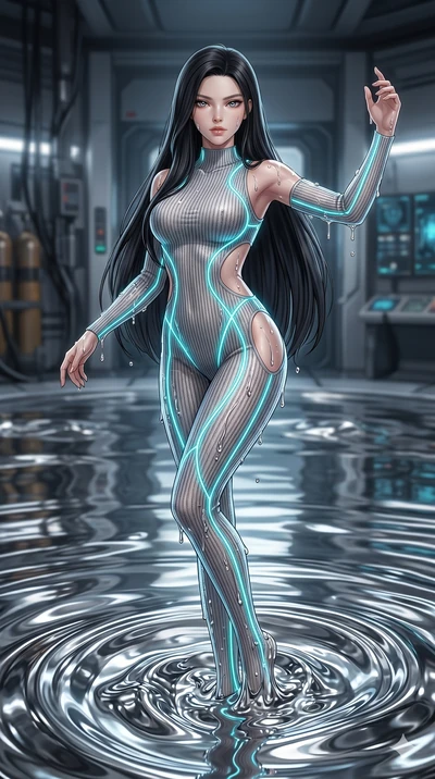 score_9, masterpiece, best quality, ultra-detailed, High-budget Anime Keyframe, East Asian woman. Dynamic full-body shot stretching the vertical silhouette to the limit. Scenario 114: Rising from a pool of mercury-like liquid, droplets rolling off he