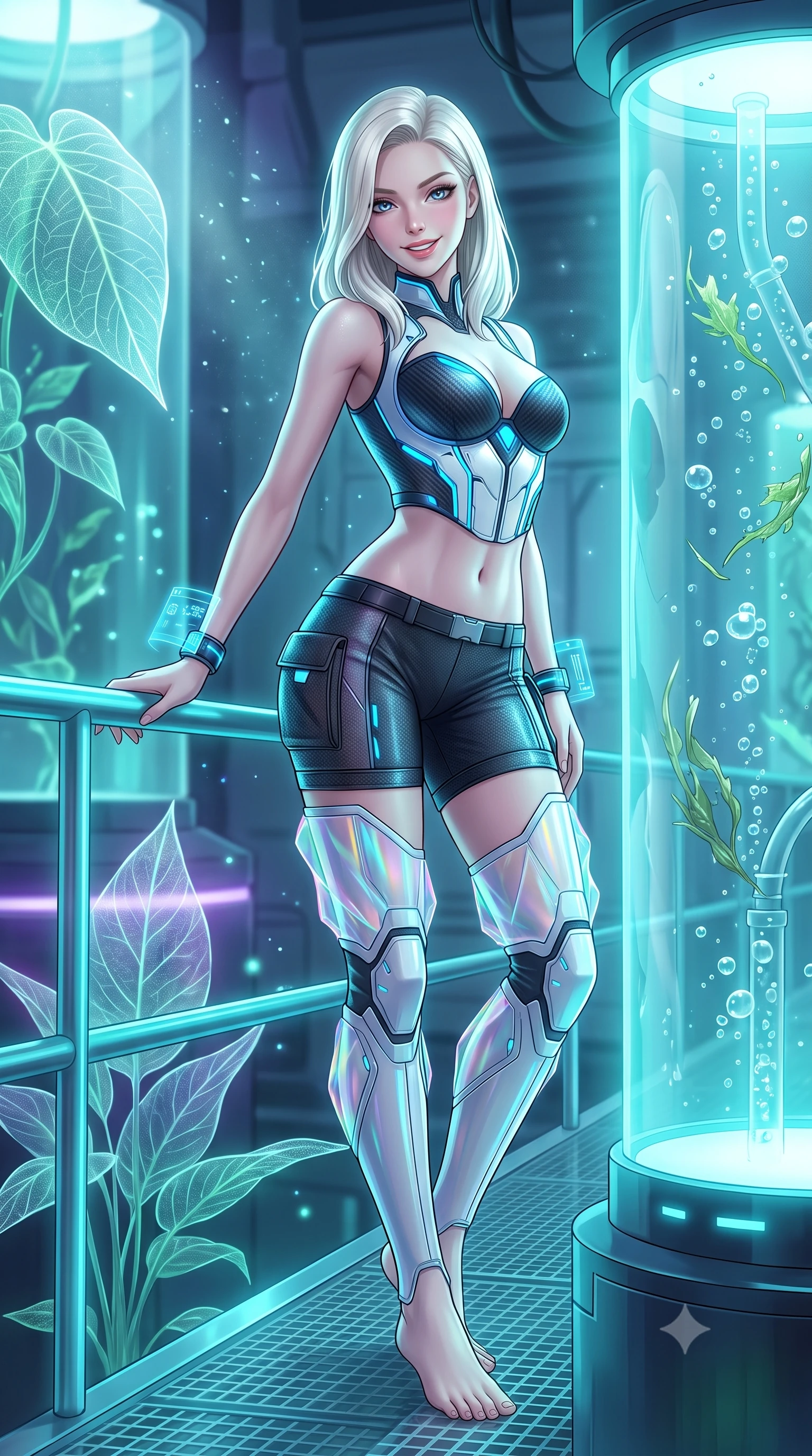 score_9, masterpiece, best quality, ultra-detailed, high-budget anime keyframe, semi-realistic 3D game render, editorial fashion photography, tasteful artistic composition, Caucasian woman. low angle full-body shot from head to toe showing her feet, filling the entire 9:16 vertical frame with her statuesque presence, stretching her vertical silhouette. standing in a tall, confident posture with one hand on a glowing metal railing, stretching her statuesque body as she arches her lower back to emphasize her sculpted feminine hips and slender waist while leaning against an illuminated nutrient glass cylinder with hips cocked back, casting an alluring bedroom-gaze through drifting pollen mist. The surrounding environment is rendered in vivid detail and crisp panoramic clarity: sharp translucent plant leaf venation, nutrient pipe bubbles, and glass catwalk grating texture in deep focus. She has an absolutely perfect, statuesque 8.5-heads proportion, an exceptionally tall and slender model-like female figure with impossibly long slender legs, an ultra-slim waist, a flat toned midriff, narrow delicate ribcage, and beautifully sculpted feminine hips creating a graceful, slim hourglass silhouette without any bulky heaviness. sharp v-shaped jawline, high-bridge nose, intricate jewel-like sparkling eyes with depth, thick eyelashes, glossy parted lips with a natural sheen, bright confident smile with an enchanting and coquettish sensual glint, exuding both youthful magnetic charm and sovereign high-tech allure, flawlessly proportioned anatomical accuracy, strict slender model proportions, natural body alignment, perfectly sculpted long slender limbs, ultra-slim waistline, clean dynamic posture without body distortion. wearing a sculpted carbon-fiber bustier armor top paired with ultra-tight tactical cargo shorts and thigh-high armored boots in arctic snowflake white and electric plasma blue, woven from layered gossamer holographic organza casting chromatic prism reflections, featuring sleek glowing cyan HUD display wrist cuffs with floating data telemetry, the high-waisted tailoring accentuating her ultra-slim waistline and the enchanting curve of her feminine hips with alluring dark charm. bathed in cool ethereal aqua and ultraviolet bioluminescent light radiating from living plants. highly saturated vibrant anime colors, detailed shading with soft gradients, rich glossy textures, high-contrast stereoscopic depth, volumetric dynamic lighting, master piece, 9:16 ratio