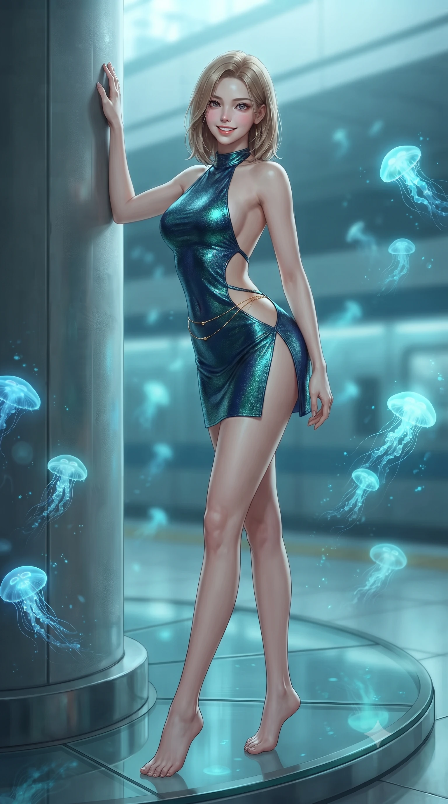 score_9, masterpiece, best quality, ultra-detailed, high-budget anime keyframe, editorial fashion photography, tasteful artistic composition, Korean woman. low angle full-body shot from head to toe showing her feet, filling the entire 9:16 vertical frame with her statuesque presence, stretching her vertical silhouette. standing tall beside the architectural column, one hand resting high while arching her lower back to emphasize her sculpted feminine hips and slender waist while standing poised on the curved glass platform of the abyssal maglev terminal, arching her lower back with sovereign supermodel allure as schools of glowing electric jellyfish drift past. The background shows a soft-focus gentle condensation shimmer softened in submerged ultra-modern transit station shallow focus. She has an exceptionally tall and slender model-like 8.5-heads proportion, an ultra-slim waist, a flat toned midriff, narrow delicate ribcage, and beautifully sculpted feminine hips creating a graceful, slim hourglass silhouette without any bulky heaviness, with impossibly long slender legs. sharp v-shaped jawline, high-bridge nose, intricate jewel-like sparkling eyes with depth, thick eyelashes, glossy parted lips with a natural peach sheen, bright cheerful beaming smile with an enchanting and coquettish sensual glint, exuding both youthful cute charm and seductive allure, flawlessly proportioned anatomical accuracy, strict slender model proportions, natural body alignment, perfectly sculpted long slender limbs, ultra-slim waistline, clean dynamic posture without body distortion. wearing an alluring backless metallic lamé combat halter mini dress with deep open back down to her lower spine and thigh-high slit in bioluminescent emerald and abyssal sapphire, crafted from bespoke double-faced cashmere with an exceptionally soft tactile finish, accented with a dainty gold belly chain resting across her flat midriff and curving hips, the precision-cut side openings and low-back scoop framing her graceful spine and the sensual sweep of her slim, toned hips. illuminated by polished floor reflection bounce and sharp aquamarine rim lights defining her jawline, narrow waist, and curvy hips. ultra-reflective glossy finish, specular highlights, rich textural contrasts, high-contrast stereoscopic depth, volumetric dynamic lighting, 2k, ultra detail, master piece, 9:16 ratio