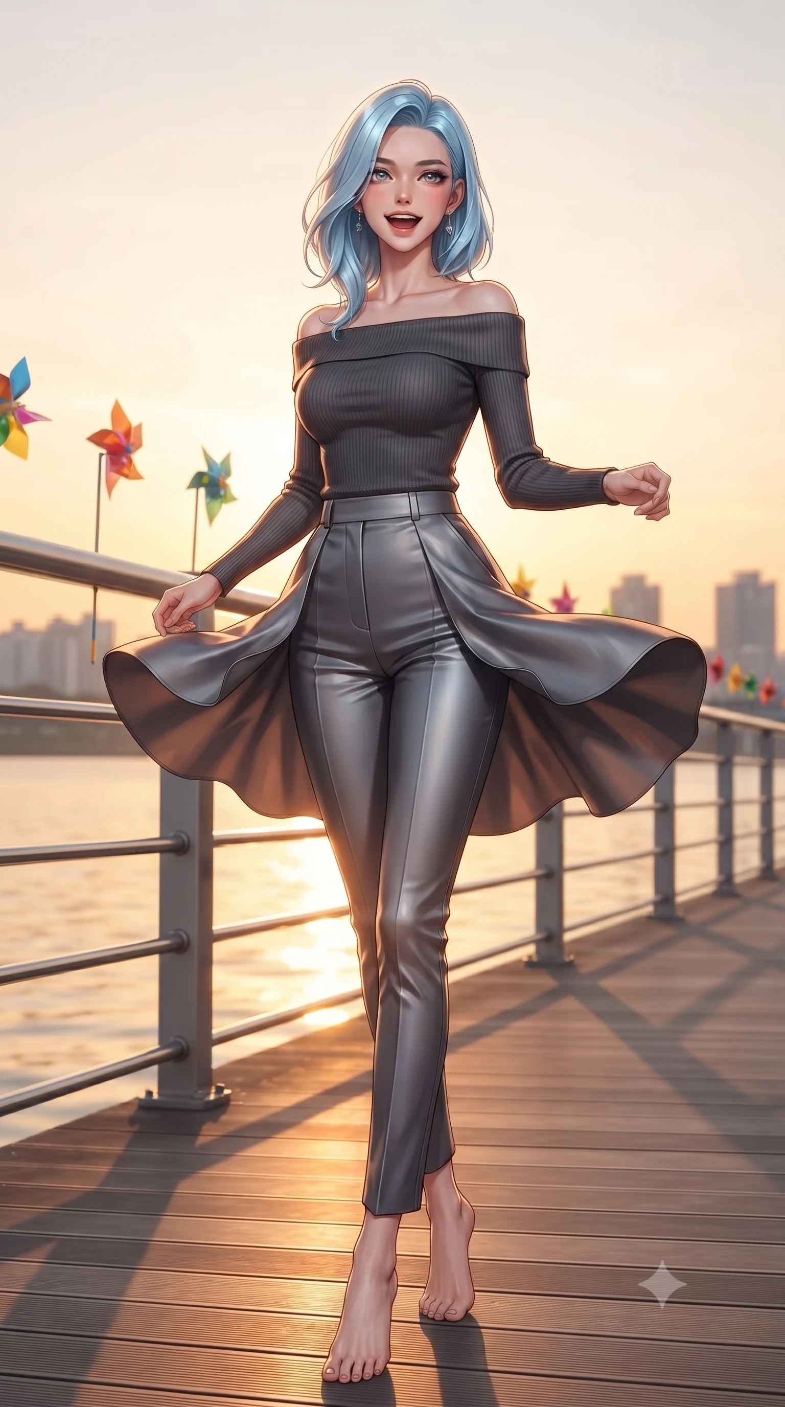 score_9, masterpiece, best quality, ultra-detailed, high-budget anime keyframe, editorial fashion photography, tasteful artistic composition, Korean woman. low angle full-body shot from head to toe showing her feet, filling the entire 9:16 vertical frame with her statuesque presence, stretching her vertical silhouette. twirling around with a playful, cute laugh, her skirt billowing beautifully in the air set against a soft-focus background of walking along a modern riverside boardwalk with metal railings holding a colorful wind spinner toy with a playful, cute laugh. She has an absolutely perfect, statuesque 8.5-heads proportion, an exceptionally tall and slender model-like female figure with impossibly long slender legs and an ultra-slim waist. sharp v-shaped jawline, high-bridge nose, intricate jewel-like eyes with depth, thick eyelashes, glossy lips with a natural sheen. wearing tailored body-hugging off-shoulder knit top in charcoal, paired with tailored slim pants. warm golden hour sunset light reflecting off the calm river surface. ultra-reflective glossy finish, specular highlights, metallic sheen, high-contrast stereoscopic depth, volumetric dynamic lighting, 2k, ultra detail, master piece, 9:16 ratio