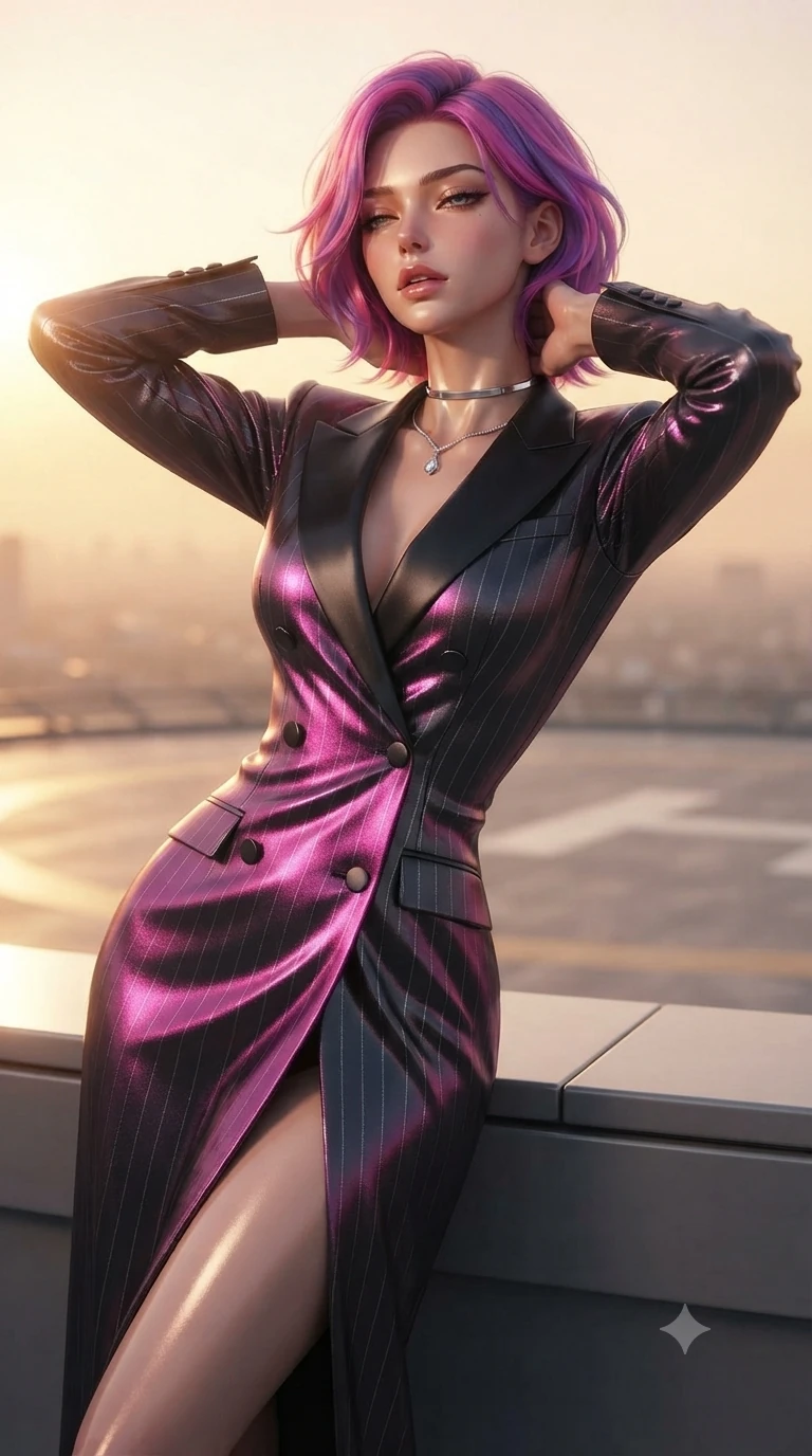 score_9, masterpiece, best quality, ultra-detailed, high-budget anime keyframe, editorial fashion photography, tasteful artistic composition, Caucasian woman. close-up cowboy shot from the waist and thighs up, the character dominates the composition, filling the frame with her large presence. resting both hands lightly behind her neck with elbows raised, arching her spine to highlight her narrow waist, flat midriff, and breathtaking collarbones while leaning against the aerodynamic helipad wind barrier with hips cocked back, gazing through the blazing golden hour sky with heavy-lidded seductive bedroom-eyes. The background shows a soft-focus high-altitude sunset haze softened in rooftop helipad vista shallow focus. She has an exceptionally elegant, slender, and willowy female figure with an ultra-slim waist, flat toned midriff, narrow ribcage, and sculpted feminine hips creating an alluring, slim hourglass silhouette without bulk. sharp v-shaped jawline, high-bridge nose, intricate jewel-like sparkling eyes with depth, thick eyelashes, glossy parted lips with a natural sheen, intensely captivating and seductive bedroom-eyes expression, exuding both youthful cute charm and sovereign luxury allure, flawlessly proportioned anatomical accuracy, strict slender model proportions, natural body alignment, perfectly sculpted long slender limbs, ultra-slim waistline, clean dynamic posture without body distortion. wearing a tailored double-breasted tuxedo evening dress with structured satin lapels and subtle silver pinstripes in black lacquer and vibrant magenta neon, crafted from luxurious metallic lamé that shifts radiance with every step, finished with a minimalist chrome choker and a single teardrop diamond pendant, the impeccably tailored cut draping gracefully along her slender figure with aristocratic poise. bathed in the blinding, warm 2200K golden-hour rays of the setting sun casting brilliant specular highlights along her silhouette. ultra-reflective glossy finish, specular highlights, rich textural contrasts, high-contrast stereoscopic depth, volumetric dynamic lighting, 2k, ultra detail, master piece, 9:16 ratio