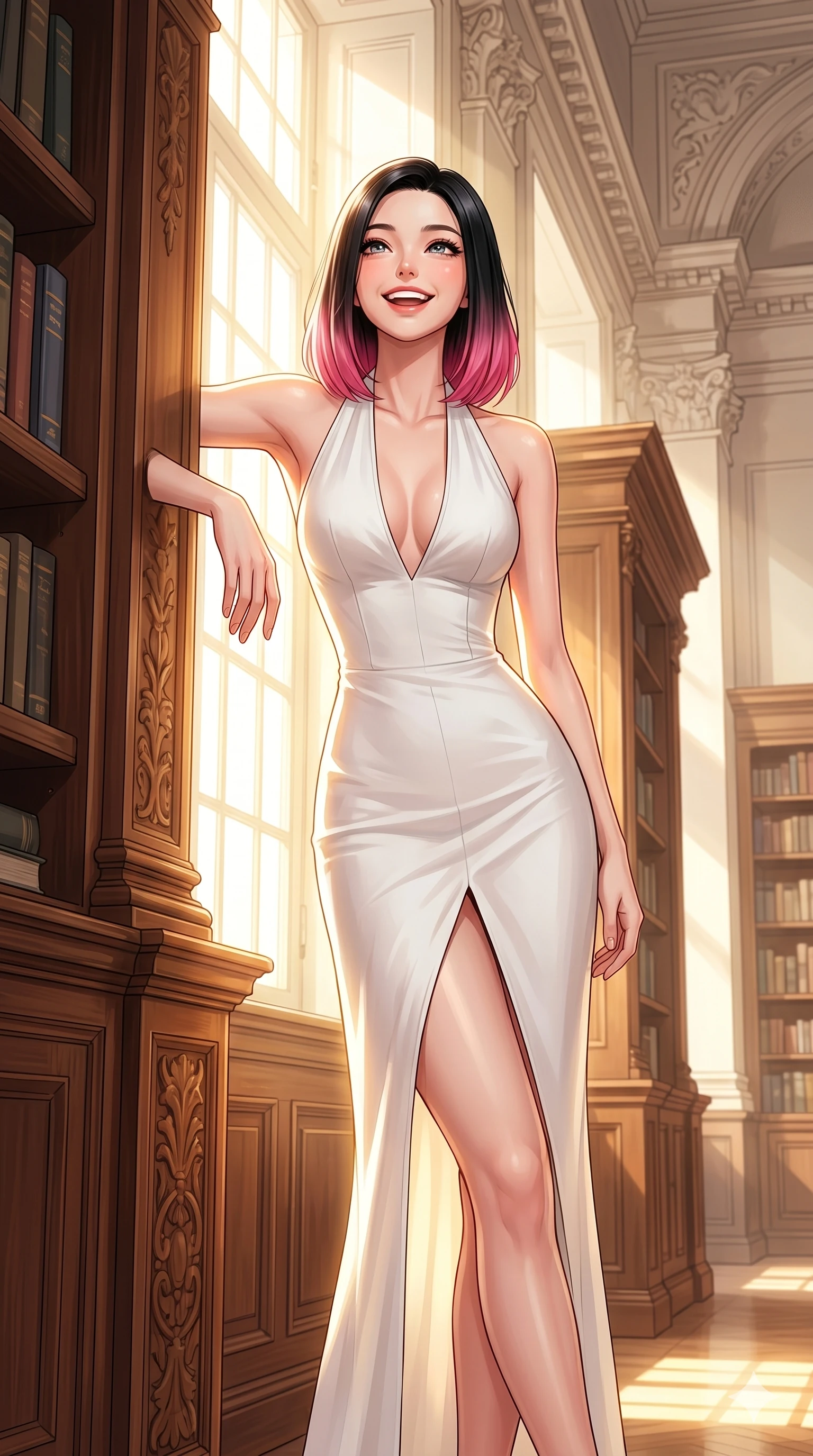 score_9, masterpiece, best quality, ultra-detailed, high-budget anime keyframe, editorial fashion photography, tasteful artistic composition, Korean woman. cowboy shot from the thighs up, character and outfit filling the frame for maximum editorial presence. looking up with a happy, beaming expression, her eyes glowing with joy leaning against a wooden bookshelf in a grand university library. She has an absolutely perfect 8-heads proportion, an exceptionally tall and slender female figure with impossibly long slender legs and an ultra-slim waist. V-shaped jawline, high-bridge nose, intricate jewel-like eyes with depth, thick eyelashes, glossy lips with a natural sheen. wearing a white halter dress with a plunging collar line and a high front slit. drenched in brilliant morning sunshine that makes the wooden library glow warmly. 2k, ultra detail, master piece, 9:16 ratio