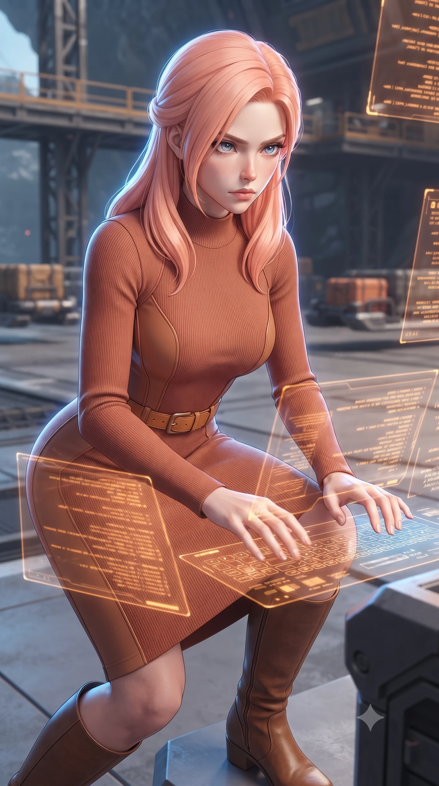 score_9, masterpiece, best quality, ultra-detailed, high-budget anime keyframe, editorial fashion photography, tasteful artistic composition, realistic cosplay photography, Japanese woman. close-up cowboy shot from the waist and thighs up, the character dominates the composition, filling the frame with her large presence, background elements kept in soft focus. Hacking a security terminal in a low crouch, fingers moving in a blur as amber code screens surround her. set against a soft-focus background of the landing platform of a pirate base built inside a hollow asteroid, cargo hover-sleds moving crates in soft focus. She has an exceptionally elegant and slender, willowy female figure with an ultra-slim waist, a gracefully sculpted slender torso, and a refined slim physique. sharp v-shaped jawline, high-bridge nose, intricate jewel-like eyes with depth, thick eyelashes, glossy lips with a natural sheen. wearing tailored for maximum mobility, sleek form-contouring panels that allow fluid movement, a slim-fit long-sleeve knit midi dress in a warm terracotta tone, styled with a tan leather belt and knee-high brown boots. brilliant cinematic volumetric lighting with intense neon rim light outlining her form. ultra-reflective glossy finish, specular highlights, metallic sheen, high-contrast stereoscopic depth, volumetric dynamic lighting, 2k, ultra detail, master piece, 9:16 ratio