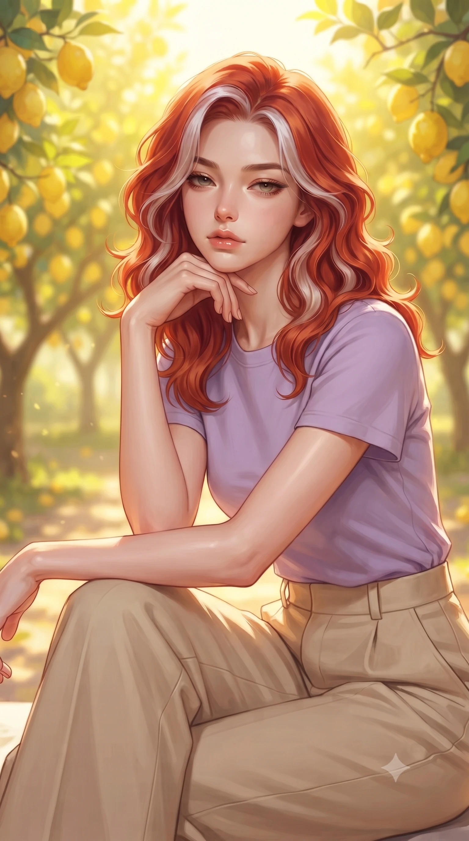 score_9, masterpiece, best quality, ultra-detailed, high-budget anime keyframe, editorial fashion photography, tasteful artistic composition, Caucasian woman woman. close-up cowboy shot from the waist and thighs up, the character dominates the composition, filling the frame with her large presence, background elements kept in soft focus. resting her chin on the backs of her fingers, casting a heavy-lidded, sultry look past the camera the background shows a soft-focus an orchard path lined with lemon trees heavy with ripe yellow fruit in Provence. She has an exceptionally elegant, slender, and willowy female figure with an ultra-slim waist, a gracefully sculpted slender torso, and a refined silhouette. sharp v-shaped jawline, high-bridge nose, intricate jewel-like eyes with depth, thick eyelashes, glossy lips with a natural sheen. wearing a tailored simple lavender cotton tee paired with high-waisted beige wide-leg pants. bright lemon-yellow sunlight bathing the orchard in a warm glow. ultra-reflective glossy finish, specular highlights, metallic sheen, high-contrast stereoscopic depth, volumetric dynamic lighting, 2k, ultra detail, master piece, 9:16 ratio