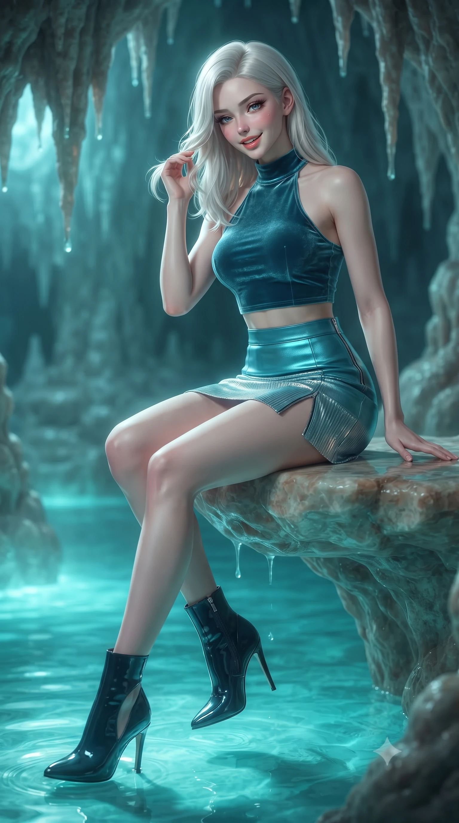 score_9, masterpiece, best quality, ultra-detailed, high-budget anime keyframe, editorial fashion photography, tasteful artistic composition, Caucasian woman. close-up cowboy shot from the waist and thighs up, the character dominates the composition, filling the frame with her large presence. gently brushing a lock of hair behind her ear while casting a playful, flirtatious side-gaze with long eyelashes while sitting gracefully on the natural stone shelf propped on one hand, her long slender legs trailing in the illuminated turquoise tide. The background shows a soft-focus dripping mineral stalactites softened in intimate mystical grotto shallow focus. She has an exceptionally elegant, slender, and willowy female figure with an ultra-slim waist, flat toned midriff, narrow ribcage, and sculpted feminine hips creating an alluring, slim hourglass silhouette without bulk. sharp v-shaped jawline, high-bridge nose, intricate jewel-like sparkling eyes with depth, thick eyelashes, glossy parted lips with a natural peach sheen, bright cheerful beaming smile with an enchanting and coquettish sensual glint, exuding both youthful cute charm and seductive allure, flawlessly proportioned anatomical accuracy, strict slender model proportions, natural body alignment, perfectly sculpted long slender limbs, ultra-slim waistline, clean dynamic posture without body distortion. wearing a high-neck cropped halter top in stretch velvet paired with a high-waisted leather mini skirt with side zip slit in Shibuya electric cyan and chrome silver, crafted from delicate pleated metallic lamé catching dynamic light with every step, complemented by sleek patent leather stiletto ankle boots accentuating her long slender calves, the precision-cut side openings and low-back scoop framing her graceful spine and the sensual sweep of her slim, toned hips. bathed in ethereal bioluminescent cyan-teal glow radiating from the sea water mixed with cool silver moonlight. ultra-reflective glossy finish, specular highlights, rich textural contrasts, high-contrast stereoscopic depth, volumetric dynamic lighting, 2k, ultra detail, master piece, 9:16 ratio