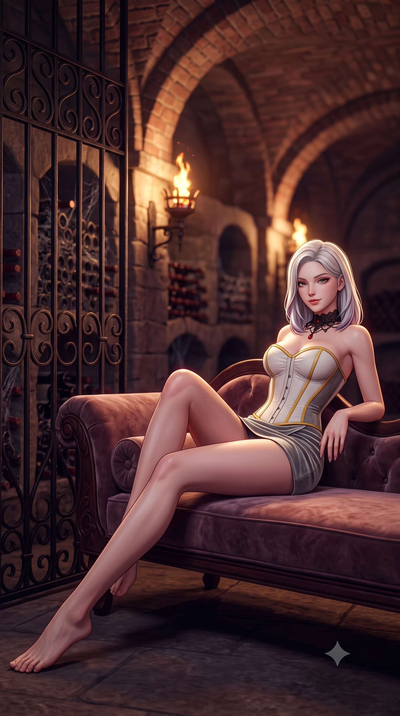 score_9, masterpiece, best quality, ultra-detailed, high-budget anime keyframe, semi-realistic 3D game render, editorial fashion photography, tasteful artistic composition, Caucasian woman. low angle full-body shot from head to toe showing her feet, filling the entire 9:16 vertical frame with her statuesque presence, stretching her vertical silhouette. reclining gracefully across the plush chaise lounge with one leg extended, her sculpted silhouette and flat midriff radiating magnetic nocturnal glamour while twisting her slender torso in an alluring contrapposto pose beside the wrought-iron wine gate, torches casting long shadows across her curves. The background shows a soft-focus rows of cobwebbed wine bottles in stone alcoves, flickering iron wall braziers, and vaulted brick arches blurred into burgundy, bronze, and charcoal bokeh. She has an absolutely perfect, statuesque 8.5-heads proportion, an exceptionally tall and slender model-like female figure with impossibly long slender legs, an ultra-slim waist, a flat toned midriff, narrow delicate ribcage, and beautifully sculpted feminine hips creating a graceful, slim hourglass silhouette without any bulky heaviness. sharp v-shaped jawline, high-bridge nose, sparkling eyes with hypnotic seductive depth, thick curled eyelashes, glossy parted lips with a natural dewy peach sheen, alluring bedroom-eyes with an enchanting coquettish smile, exuding magnetic siren charisma and sophisticated glamour, flawlessly proportioned anatomical accuracy, strict slender model proportions, natural body alignment, perfectly sculpted long slender limbs, ultra-slim waistline, clean dynamic posture without body distortion. wearing a structured Victorian boned leatherette corset bodice paired with an ultra-short micro-wrap velvet mini skirt in Bauhaus optic white and concrete grey with primary yellow accents, tailored from ultra-plush velvet with rich tactile depth and deep shadow gradients, accented with an ornate black lace Victorian choker featuring a single blood-red teardrop garnet, the form-contouring silhouette accentuating her sculpted flat midriff, narrow delicate ribcage, and gracefully curvy hips with intoxicating allure. bathed in warm flickering firelight from iron wall torches mounted in stone brackets. highly saturated vibrant anime colors, detailed shading with soft gradients, rich glossy textures, high-contrast stereoscopic depth, volumetric dynamic lighting, master piece, 9:16 ratio