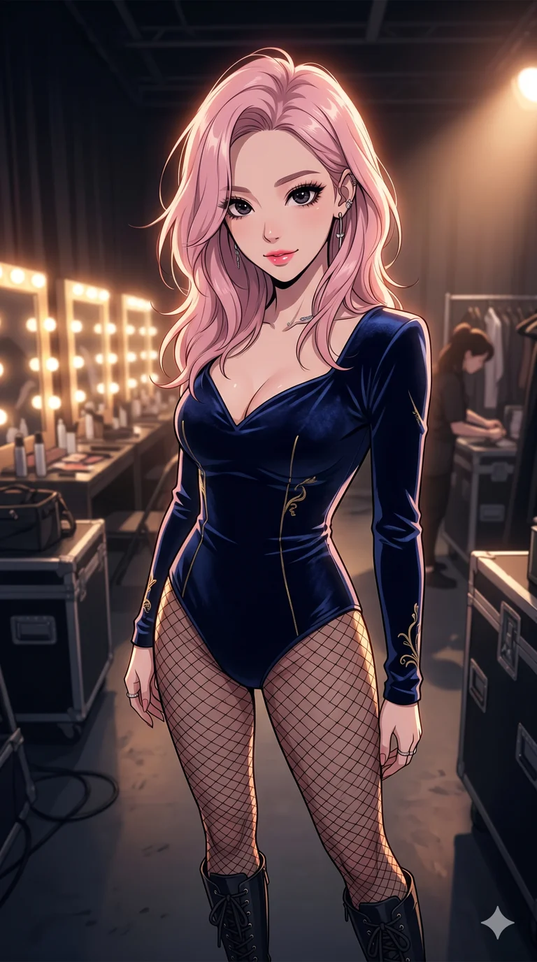 score_9, masterpiece, best quality, ultra-detailed, semi-realistic high-budget anime keyframe, an incredibly beautiful Korean woman. Low angle cowboy shot filling the frame. She has an absolutely cute and compact proportion, an petite female figure with a delicate skinny figure. Her face is a highly detailed masterpiece featuring a v-shaped jawline, high-bridge nose, intricate jewel-like eyes, thick eyelashes, and glossy lips. She has pastel pink flowing hair. She is wearing a extremely tight velvet stage leotard, plunging neckline, fishnet stockings, highlighting her alluring silhouette. Backstage VIP area, glowing makeup mirrors, dramatic rim lighting, cinematic shadows, 2k, ultra detail, master piece, 9:16 ratio