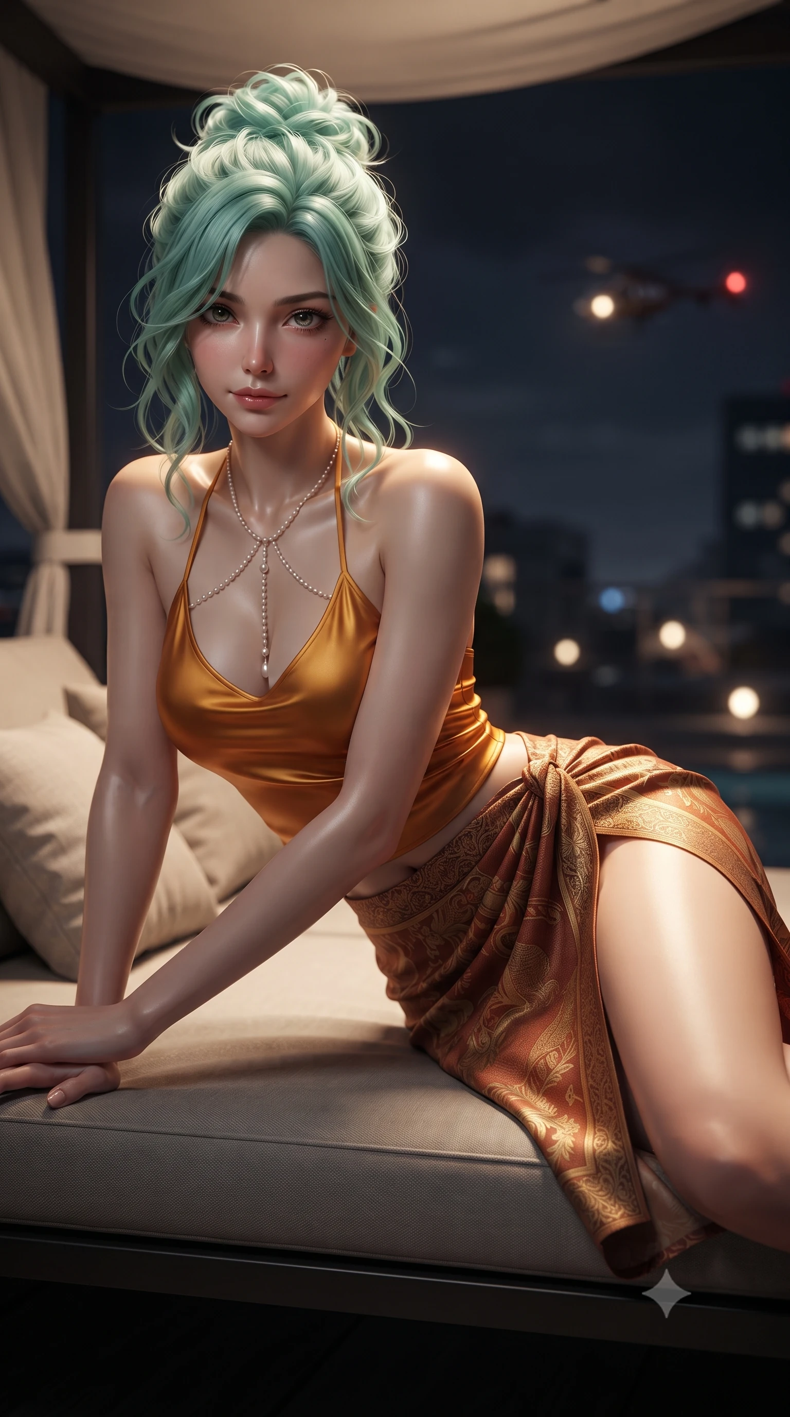score_9, masterpiece, best quality, ultra-detailed, high-budget anime keyframe, editorial fashion photography, tasteful artistic composition, Japanese woman. close-up cowboy shot from the waist and thighs up, the character dominates the composition, filling the frame with her large presence. leaning forward while arching her lower back to accentuate her curvy hips, looking into the camera with an intoxicating smoldering gaze and bedroom-eyes while lounging on a weather-resistant daybed under the rooftop canopy propped on one elbow, casting a dangerous, seductive half-smile. The background shows a soft-focus helicopter approach lights softened in dramatic atmospheric shallow focus. She has an exceptionally elegant, slender, and willowy female figure with an ultra-slim waist, flat toned midriff, narrow ribcage, and sculpted feminine hips creating an alluring, slim hourglass silhouette without bulk. sharp v-shaped jawline, high-bridge nose, sparkling eyes with hypnotic seductive depth, thick curled eyelashes, glossy parted lips with a natural dewy peach sheen, alluring bedroom-eyes with an enchanting coquettish smile, exuding magnetic siren charisma and sophisticated glamour, flawlessly proportioned anatomical accuracy, strict slender model proportions, natural body alignment, perfectly sculpted long slender limbs, ultra-slim waistline, clean dynamic posture without body distortion. wearing a liquid-tight halterneck silk camisole paired with a curve-hugging wrap sarong mini skirt with high side slit in warm amber honey and antique terracotta with gilded bronze, tailored from fine breathable linen with soft natural texture and elegant drape, finished with a pearl-drop body harness subtly framing her dewy collarbones and spine, the precision-cut side openings and low-back scoop framing her graceful spine and the sensual sweep of her slim, toned hips. illuminated by puddle specular bounce and sharp platinum-gold rim lights defining her delicate clavicles, narrow waist, and curvy hips. ultra-reflective glossy finish, specular highlights, rich textural contrasts, high-contrast stereoscopic depth, volumetric dynamic lighting, 2k, ultra detail, master piece, 9:16 ratio