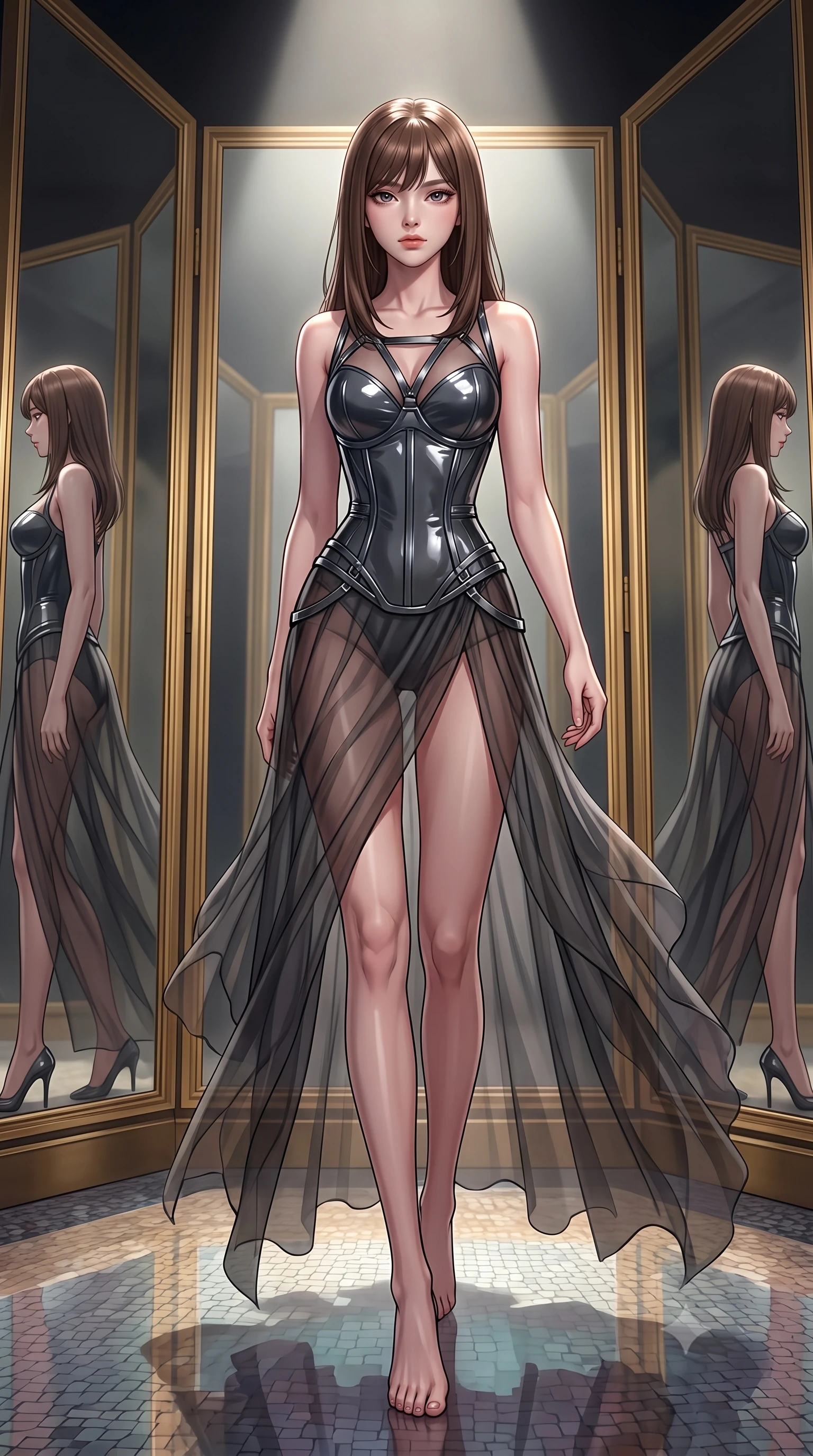 score_9, masterpiece, best quality, ultra-detailed, high-budget anime keyframe, editorial fashion photography, tasteful artistic composition, Korean woman. low angle full-body shot from head to toe showing her feet, filling the entire 9:16 vertical frame with her statuesque presence, stretching her vertical silhouette. navigating the private sanctuary with an effortless, graceful stride, walking past gold-framed mirror panels reflecting her sleek silhouette, opulent high-fashion editorial aesthetic. She has an absolutely perfect, statuesque 8.5-heads proportion, an exceptionally tall and slender model-like female figure with impossibly long slender legs and an ultra-slim waist. sharp v-shaped jawline, high-bridge nose, intricate jewel-like eyes with depth, thick eyelashes, glossy lips with a natural sheen. wearing semi-opaque sheer dark chiffon gown revealing structured corset silhouette in dark charcoal gray, made of high-gloss liquid vinyl, highlighted by a gunmetal metallic harness structure, contouring every curve with an exceptionally elegant silhouette. bathed in dramatic chiaroscuro with a single sharp key ray from above. highly saturated vibrant anime colors, detailed shading with soft gradients, rich glossy textures, high-contrast stereoscopic depth, volumetric dynamic lighting, master piece, 9:16 ratio