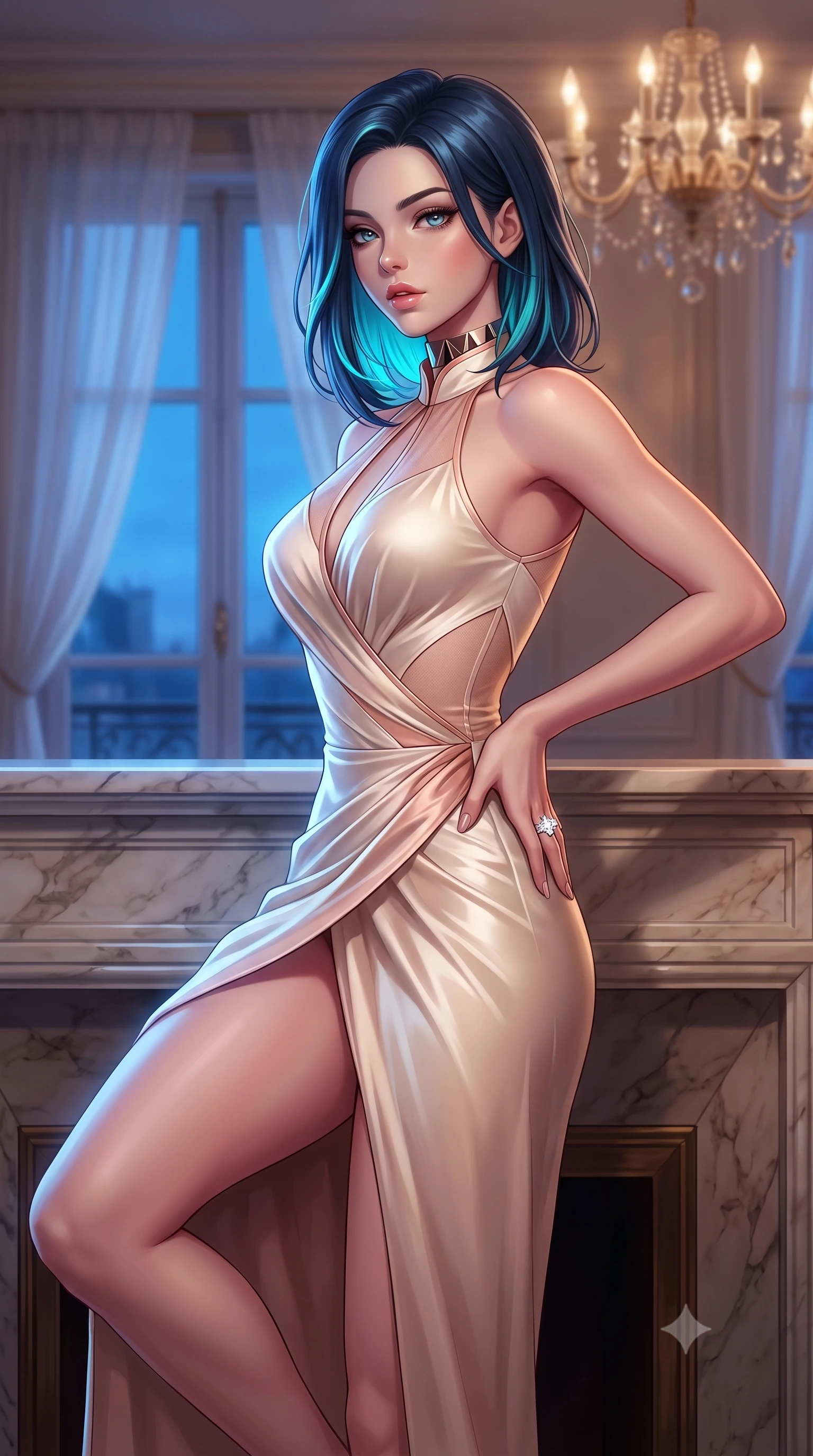 score_9, masterpiece, best quality, ultra-detailed, high-budget anime keyframe, semi-realistic 3D game render, editorial fashion photography, tasteful artistic composition, Caucasian woman. close-up cowboy shot from the waist and thighs up, the character dominates the composition, filling the frame with her large presence. posing in an alluring rear three-quarter angle, arching her lower back in a pronounced S-curve with one hand on her hip, glancing seductively over her bare shoulder with parted glossy lips while reclining across a marble fireplace hearth propped on one elbow, her long slender legs and narrow waist bathed in the romantic Paris twilight. The composition keeps background elements in soft focus with creamy bokeh. sheer white French balcony drapes and vintage crystal chandeliers softened in glamorous Parisian shallow focus. She has an exceptionally elegant, slender, and willowy female figure with an ultra-slim waist, flat toned midriff, narrow ribcage, and sculpted feminine hips creating an alluring, slim hourglass silhouette without bulk. sharp v-shaped jawline, high-bridge nose, intricate jewel-like eyes with depth, thick eyelashes, glossy parted lips with a natural sheen, intensely captivating and seductive bedroom-eyes expression, flawlessly proportioned anatomical accuracy, strict slender model proportions, natural body alignment, perfectly sculpted long slender limbs, ultra-slim waistline, clean dynamic posture without body distortion. wearing a wet-look silk fusion wrap dress with asymmetrical sheer mesh cutouts and high Mandarin collar in vintage champagne ivory and delicate rose gold, made of fluid silk crepe with delicate inner corsetry boning, complemented by a bold geometric choker and sparkling cocktail ring, the form-contouring material adhering flawlessly to her sculpted flat midriff and slender torso, emphasizing her long leg lines and perfectly proportioned willowy build. bathed in romantic blue hour Parisian twilight contrasting with warm interior chandelier light. highly saturated vibrant anime colors, detailed shading with soft gradients, rich glossy textures, high-contrast stereoscopic depth, volumetric dynamic lighting, master piece, 9:16 ratio