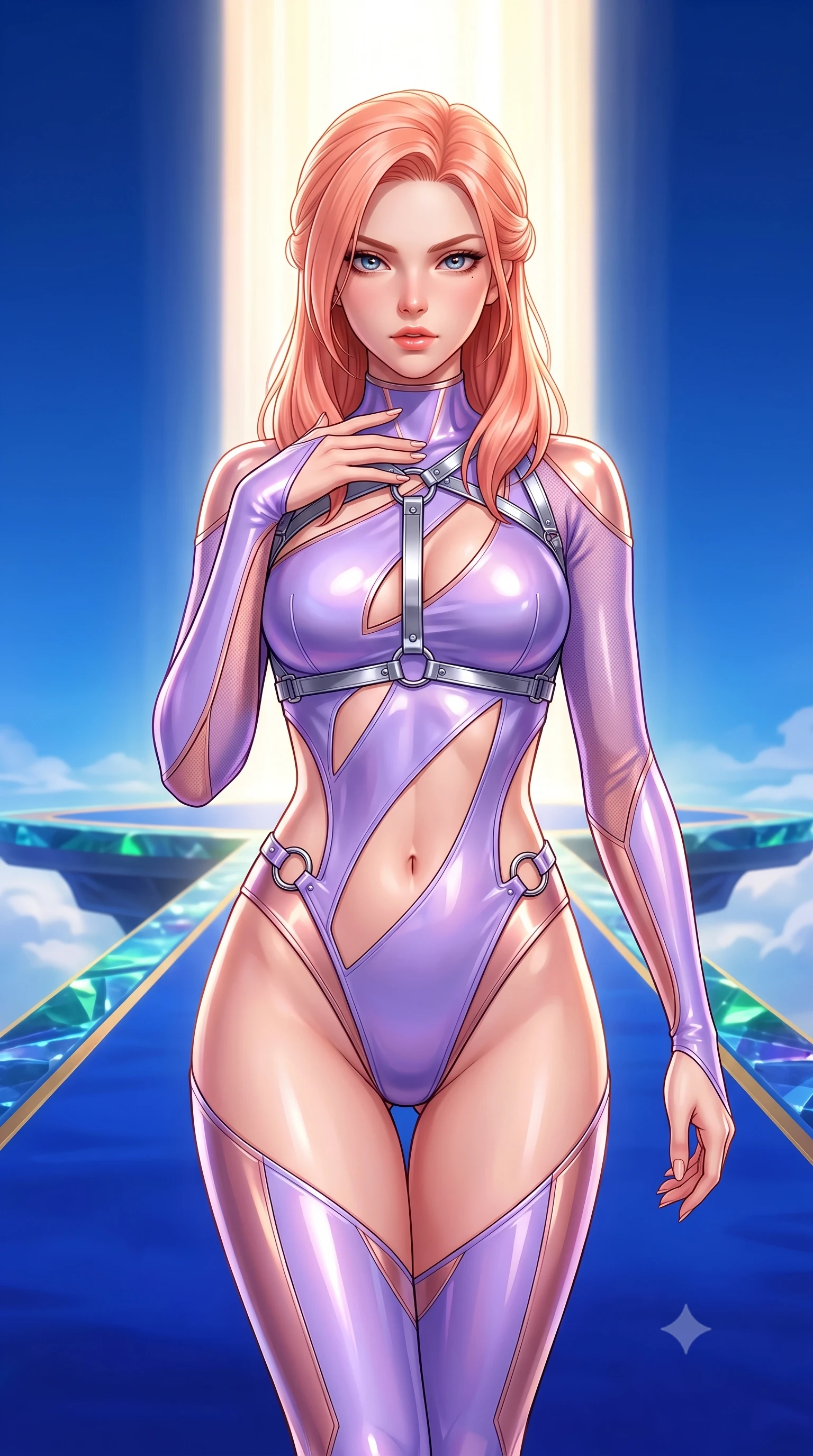 score_9, masterpiece, best quality, ultra-detailed, high-budget anime keyframe, semi-realistic 3D game render, editorial fashion photography, tasteful artistic composition, Japanese woman. close-up cowboy shot from the waist and thighs up, the character dominates the composition, filling the frame with her large presence. leaning forward with a dangerous, enticing smolder, resting one hand near her collarbone while casting a fiery, magnetic direct gaze while striding commanding down a royal blue lapis lazuli runway suspended in the open sky under a vertical pillar of sunlight. The surrounding environment is rendered in vivid detail and crisp panoramic clarity. crisp architectural gemstone edges, sunbeam shaft borders, and deep blue sky in high clarity. She has an exceptionally elegant, slender, and willowy female figure with an ultra-slim waist, a gracefully sculpted slender torso, toned flat midriff, and a refined slim silhouette. sharp v-shaped jawline, high-bridge nose, intricate jewel-like eyes with depth, thick eyelashes, glossy lips with a natural sheen, flawlessly proportioned anatomical accuracy, strict slender model proportions, natural body alignment, perfectly sculpted long slender limbs, ultra-slim waistline, clean dynamic posture without body distortion. wearing an ultra-sleek high-cut tech-bodysuit featuring dangerous diagonal slitted cutouts on the midriff and shoulders, reinforced by a metallic silver harness and sheer mesh sleeves in luminous lavender violet and rose gold, crafted from ultra-reflective second-skin latex with a high-gloss glass-like polish, detailed with polished silver rings connecting the daring side-waist cutouts, the sleek second-skin cut tightly hugging her graceful clavicle, narrow waist, and feminine curves with athletic precision. surrounded by a majestic, supreme, and radiantly sensual celestial sovereignty aura. highly saturated vibrant anime colors, detailed shading with soft gradients, rich glossy textures, high-contrast stereoscopic depth, volumetric dynamic lighting, master piece, 9:16 ratio