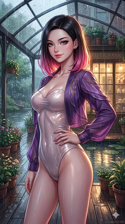 score_9, masterpiece, best quality, ultra-detailed, high-budget anime keyframe, vibrant anime aesthetic, Korean woman. close-up cowboy shot from the waist and thighs up, the character dominates the composition, filling the frame with her large presen
