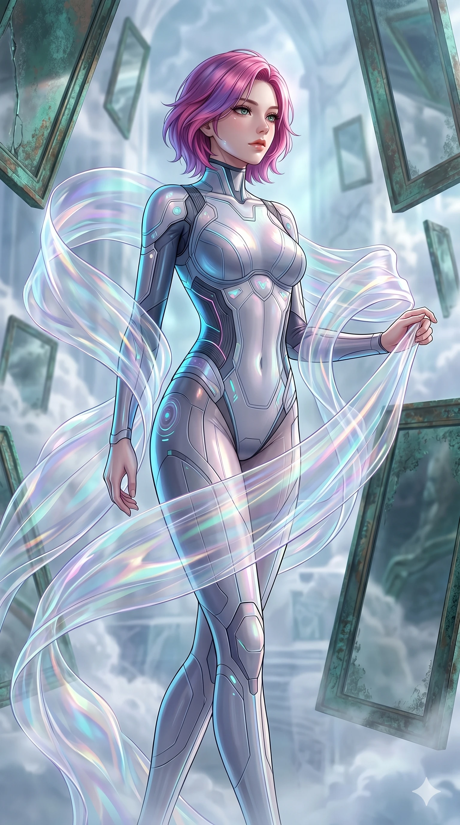 score_9, masterpiece, best quality, ultra-detailed, high-budget anime keyframe, Korean woman. upper body close-up from the thighs up, character filling the screen for maximum presence. wandering through a mirage cloud cathedral of translucent marble and water mist, surrounded by floating ancient bronze mirror walls. She has an absolutely perfect 8-heads proportion, an exceptionally tall and slender female figure with impossibly long slender legs and an ultra-slim waist. V-shaped jawline, high-bridge nose, intricate jewel-like eyes with depth, thick eyelashes, glossy lips with a natural sheen.. wearing a cybernetic bodysuit with a holographic ribbon, featuring a skin-tight contouring bodysuit wrapped in a translucent flowing holographic organza ribbon. lit by a soft glowing ambient light and a sharp side key light that traces the sleek contours of her athletic build. 2k, ultra detail, master piece, 9:16 ratio