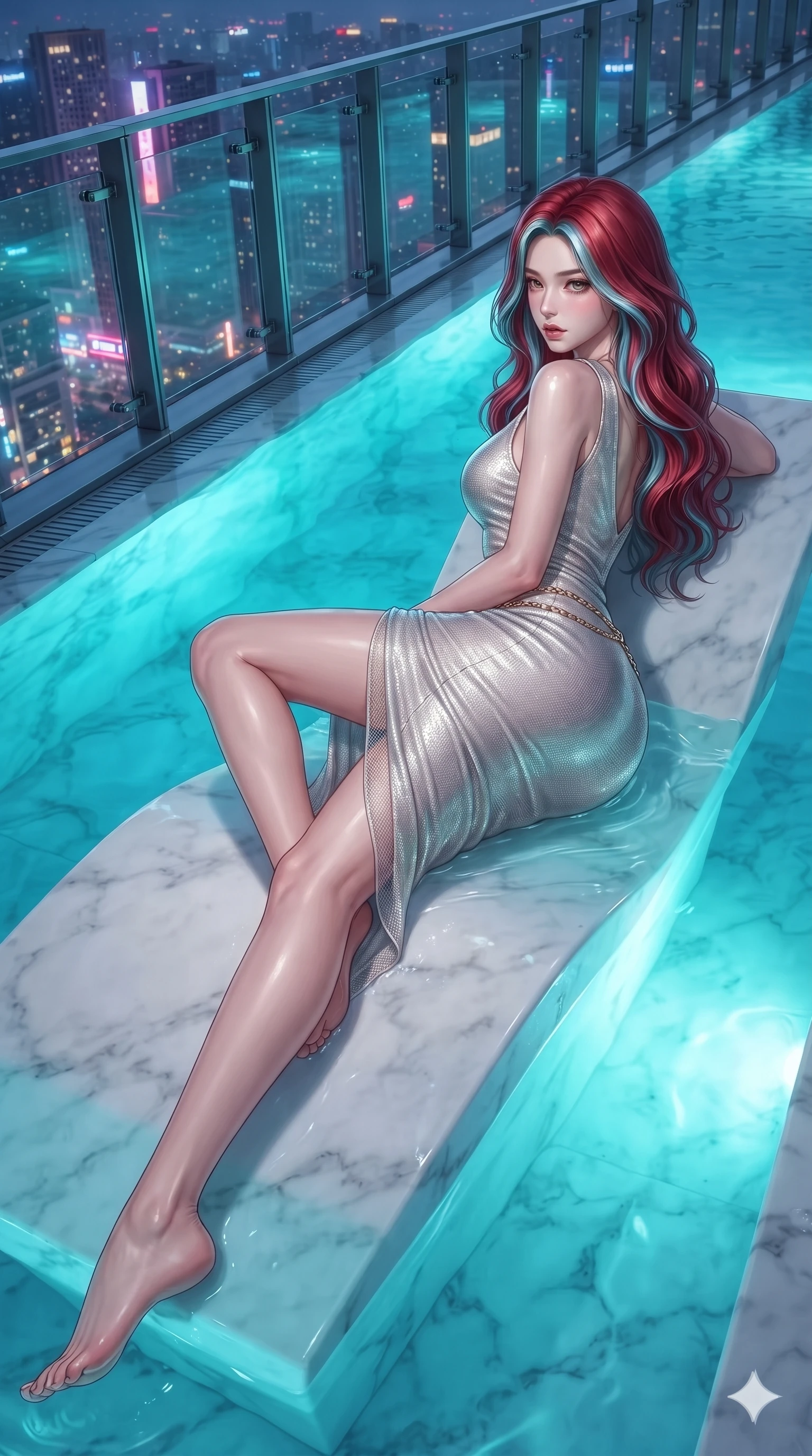 score_9, masterpiece, best quality, ultra-detailed, high-budget anime keyframe, editorial fashion photography, tasteful artistic composition, Caucasian woman. low angle full-body shot from head to toe showing her feet, filling the entire 9:16 vertical frame with her statuesque presence, stretching her vertical silhouette. reclining on her side in an elegant Cleopatra pose with one knee drawn up, the dramatic contour of her rounded hips and long slender legs commanding the 9:16 vertical frame while reclining on the submerged marble chaise with one knee bent, looking back over her shoulder with an intoxicating smoldering bedroom-gaze. The surrounding environment is rendered in vivid detail and crisp panoramic clarity: detailed wet-look silk wrap tailoring, fine mesh accents, and architectural rooftop infinity pool design in razor-sharp clarity. She has an exceptionally tall and slender model-like 8.5-heads proportion, an ultra-slim waist, a flat toned midriff, narrow delicate ribcage, and beautifully sculpted feminine hips creating a graceful, slim hourglass silhouette without any bulky heaviness, with impossibly long slender legs. sharp v-shaped jawline, high-bridge nose, intricate jewel-like sparkling eyes with depth, thick eyelashes, glossy parted lips with a natural sheen, intensely captivating and seductive bedroom-eyes expression, exuding both youthful cute charm and sovereign luxury allure, flawlessly proportioned anatomical accuracy, strict slender model proportions, natural body alignment, perfectly sculpted long slender limbs, ultra-slim waistline, clean dynamic posture without body distortion. wearing a form-fitting liquid mercury jersey evening dress clinging smoothly to her narrow waist and rounded hips in shimmering silver mercury and pearl white, woven from high-density tech-wool with subtle metallic thread weave, accented with a delicate gold chain belt resting loosely on her curvy hips, the impeccably tailored cut draping gracefully along her slender figure with aristocratic poise. bathed in the radiant underwater turquoise glow of the thermal pool mixed with ambient city neon from the surrounding skyline. ultra-reflective glossy finish, specular highlights, rich textural contrasts, high-contrast stereoscopic depth, volumetric dynamic lighting, 2k, ultra detail, master piece, 9:16 ratio