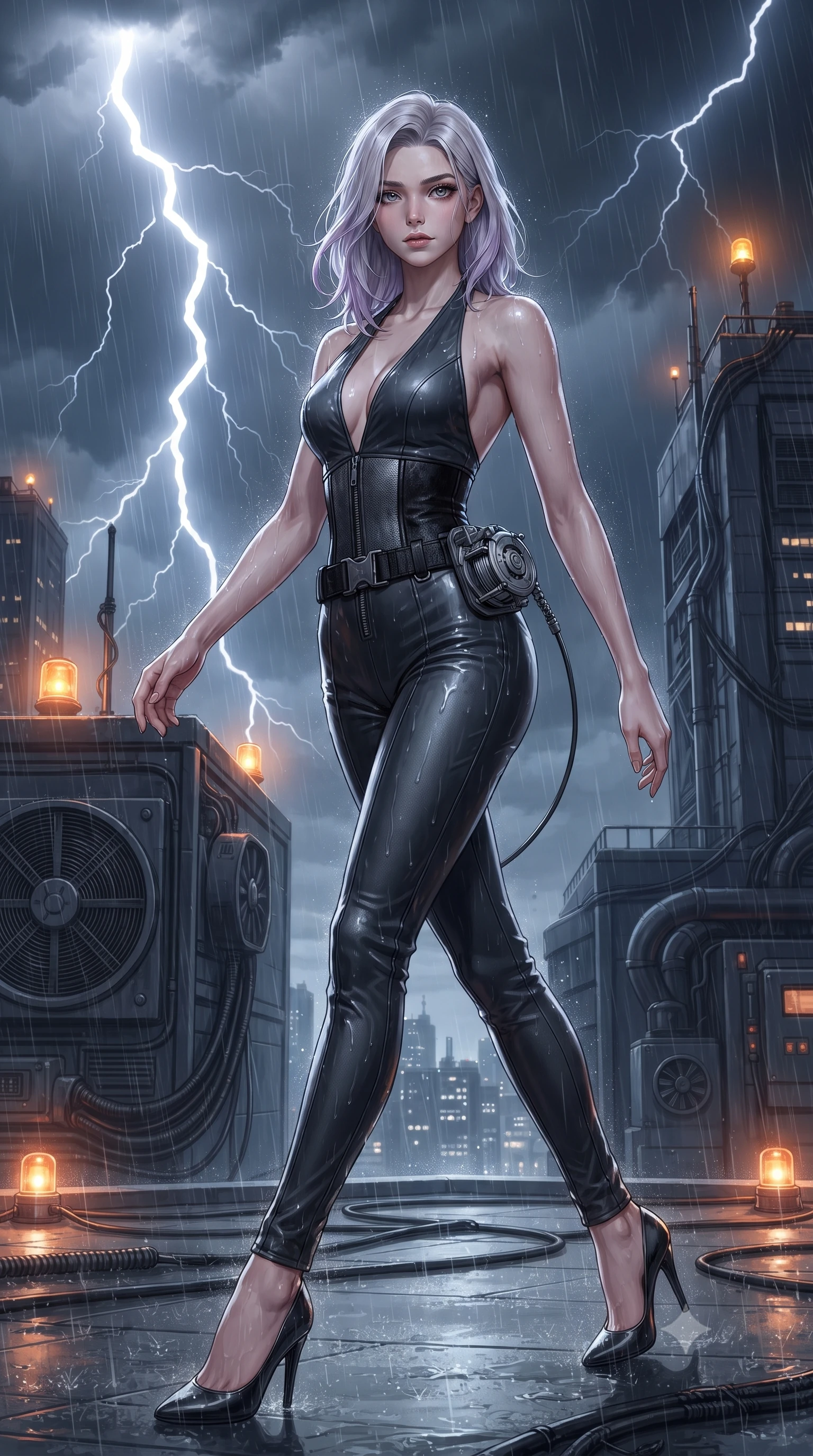 score_9, masterpiece, best quality, ultra-detailed, high-budget anime keyframe, editorial fashion photography, tasteful artistic composition, Caucasian woman. low angle full-body shot from head to toe showing her feet, filling the entire 9:16 vertical frame with her statuesque presence, stretching her vertical silhouette. striding forward in a proud, dynamic supermodel runway stride, her statuesque vertical silhouette commanding the entire frame while infiltrating a torrential midnight rooftop helipad 80 stories high as lightning flashes illuminate her wet tactical trench coat. The surrounding environment is rendered in vivid detail and crisp panoramic clarity. detailed turbine exhaust grilles, grappling cable spool mechanisms, and lightning strikes in high clarity. She has an absolutely perfect, statuesque 8.5-heads proportion, an exceptionally tall and slender model-like female figure with impossibly long slender legs, a toned flat midriff, and an ultra-slim waist. sharp v-shaped jawline, high-bridge nose, intricate jewel-like eyes with depth, thick eyelashes, glossy lips with a natural sheen, captivating and magnetic expression, flawlessly proportioned anatomical accuracy, strict slender model proportions, natural body alignment, perfectly sculpted long slender limbs, ultra-slim waistline, clean dynamic posture without body distortion. wearing an undercover high-society halter jumpsuit with a tailored deep-V back and integrated waist cincher in brushed dark platinum and obsidian leather, crafted from matte cybernetic vinyl with concealed magnetic locks, equipped with a grappling cable spool mechanism and tactical waist belt, the breezy yet form-flattering drape swaying gracefully with her steps, accentuating her long willowy limbs and slim waistline. bathed in blinding white storm lightning flash backlighting and warm amber perimeter beacon fill. ultra-reflective glossy finish, specular highlights, rich textural contrasts, high-contrast stereoscopic depth, volumetric dynamic lighting, 2k, ultra detail, master piece, 9:16 ratio
