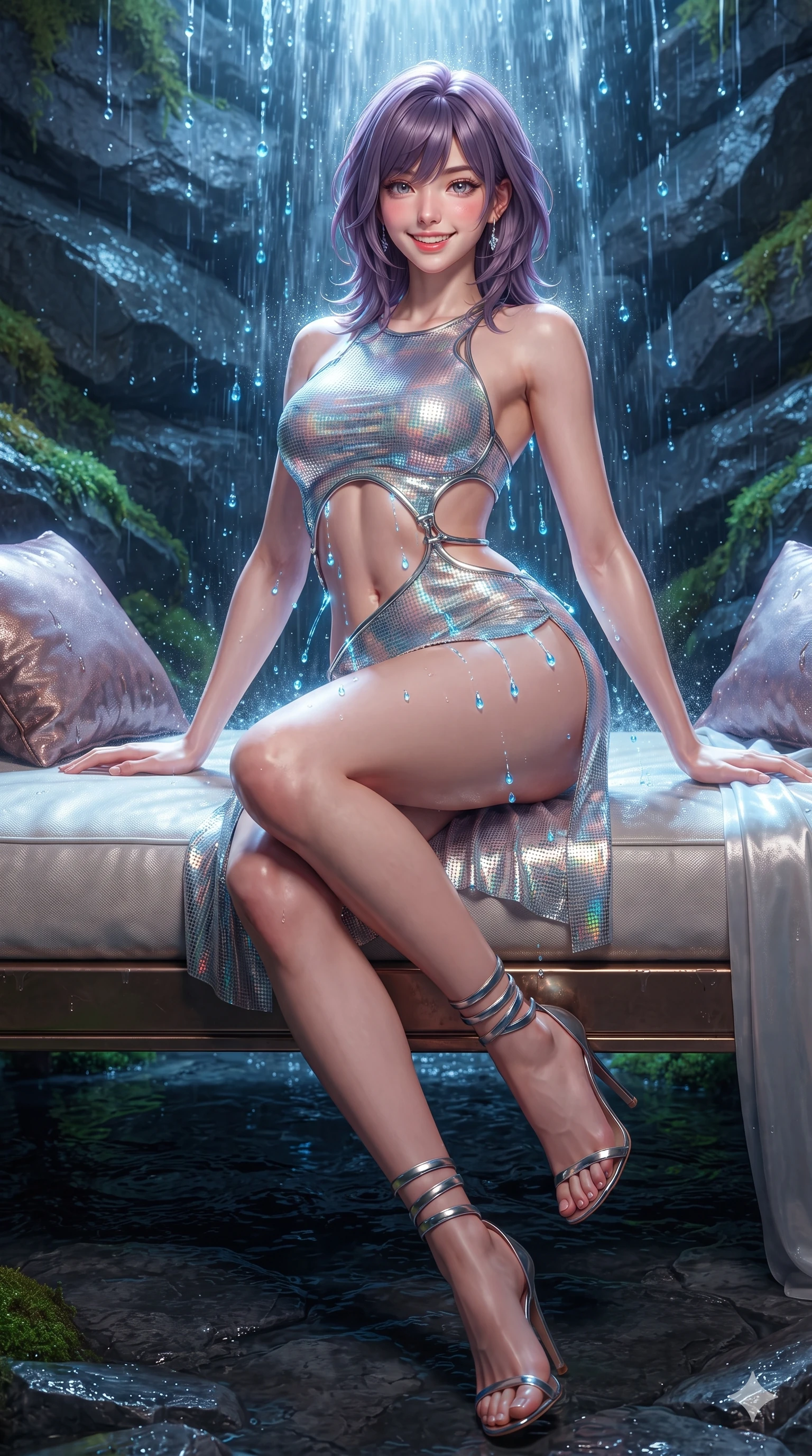 score_9, masterpiece, best quality, ultra-detailed, high-budget anime keyframe, semi-realistic 3D game render, editorial fashion photography, tasteful artistic composition, Japanese woman. low angle full-body shot from head to toe showing her feet, filling the entire 9:16 vertical frame with her statuesque presence, stretching her vertical silhouette. lounging on the lavish daybed with legs crossed and hips angled toward the camera, displaying her toned midriff and long slender limbs with effortless siren poise while twisting her slender torso in an alluring S-curve, cascading blue light droplets painting sensual ribbons across her flat midriff and hips. The surrounding environment is rendered in vivid detail and crisp panoramic clarity: sharp wet slate rock textures, glowing moss filaments, and individual falling water droplet speculars in deep focus. She has an exceptionally tall and slender model-like 8.5-heads proportion, an ultra-slim waist, a flat toned midriff, narrow delicate ribcage, and beautifully sculpted feminine hips creating a graceful, slim hourglass silhouette without any bulky heaviness, with impossibly long slender legs. sharp v-shaped jawline, high-bridge nose, intricate jewel-like sparkling eyes with depth, thick eyelashes, glossy parted lips with a natural peach sheen, bright cheerful beaming smile with an enchanting and coquettish sensual glint, exuding both youthful cute charm and seductive allure, flawlessly proportioned anatomical accuracy, strict slender model proportions, natural body alignment, perfectly sculpted long slender limbs, ultra-slim waistline, clean dynamic posture without body distortion. wearing a provocative open-waist cutout mini dress framed by sculptural chrome hardware and thigh-high slit in iridescent mother-of-pearl and liquid molten silver, crafted from stretch micro-mesh with liquid foil coating that shimmers with every movement, complemented by strappy stiletto sandals with metallic ankle wraps accentuating her slender calves, the liquid-tight tailored fabric clinging flawlessly to her narrow waist and rounded feminine hips, emphasizing every millimeter of her sculpted slim hourglass curves without any bulky heaviness. illuminated by waterfall spray bounce and sharp cyan-white rim lights defining her jawline, narrow waist, and curvy hips. highly saturated vibrant anime colors, detailed shading with soft gradients, rich glossy textures, high-contrast stereoscopic depth, volumetric dynamic lighting, master piece, 9:16 ratio