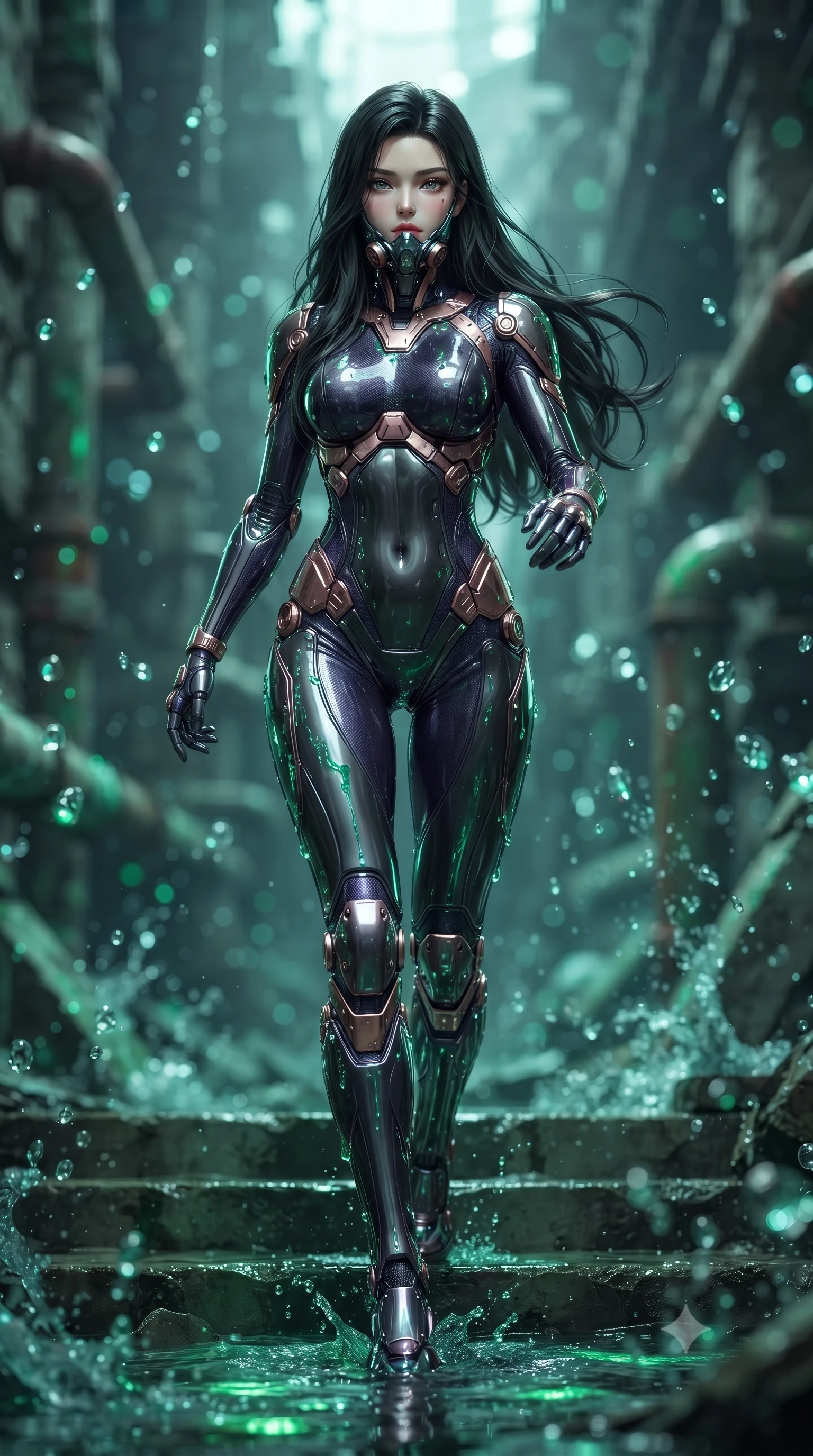score_9, masterpiece, best quality, ultra-detailed, high-budget anime keyframe, editorial fashion photography, tasteful artistic composition, Korean woman. low angle full-body shot from head to toe showing her feet, filling the entire 9:16 vertical frame with her statuesque presence, stretching her vertical silhouette. striding forward with sovereign warrior elegance in a low, predatory combat advance through the ruins, hips swaying with fierce athletic poise while pivoting dynamically on submerged concrete steps as glowing green bio-chemical sludge reflects off her polished armor. The composition keeps background elements in soft focus with creamy bokeh. splashing water droplets and glowing green biochemical drain pipes blurred into radiant emerald, cyan, and charcoal bokeh. She has an absolutely perfect, statuesque 8.5-heads proportion, an exceptionally tall and slender model-like female figure with impossibly long slender legs, a toned flat midriff, and an ultra-slim waist. sharp v-shaped jawline, high-bridge nose, intricate jewel-like eyes with depth, thick eyelashes, glossy lips with a natural sheen, fierce and resolute heroine expression, flawlessly proportioned anatomical accuracy, strict slender model proportions, natural body alignment, perfectly sculpted long slender limbs, ultra-slim waistline, clean dynamic posture without body distortion. wearing a sleek titanium half-face combat rebreather guard protecting her lower jaw while leaving her expressive eyes and long hair flowing freely, paired with an ultra-sleek high-gloss carbon-composite exoskeleton suit featuring kinetic shock-absorbing shin guards and flexible limb articulation joints in royal purple carbon fiber with distressed rose-gold hardware and buckles, made of liquid carbon-jersey fabric accentuating every curve of her tall, slender model proportions, finished with high-mobility flexible armor articulation seams and miniature magnetic locks, the liquid-tight tailored fabric emphasizing every curve of her tall, slender model proportions and sculptured silhouette during dynamic movement. illuminated by wet reflective highlights tracing her sculpted collarbones, waistline, and long slender legs. ultra-reflective glossy finish, specular highlights, dark metallic sheen, high-contrast stereoscopic depth, volumetric dynamic lighting, 2k, ultra detail, master piece, 9:16 ratio