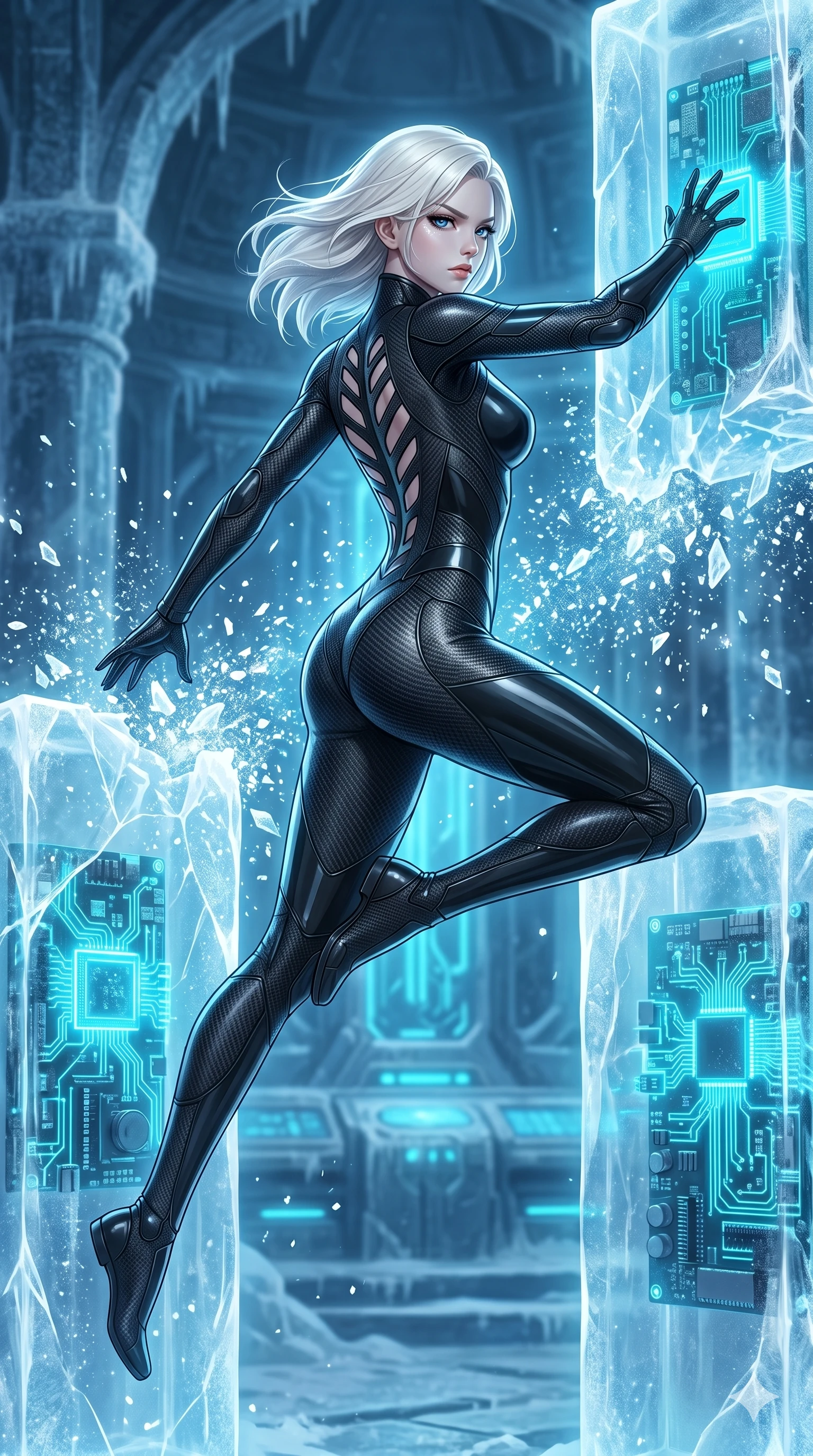 score_9, masterpiece, best quality, ultra-detailed, high-budget anime keyframe, Caucasian woman, strictly human ears. upper body close-up from the thighs up, character filling the screen for maximum presence. leaping inside a sub-zero cybernetic ice temple, where glowing neon cyan computer circuit boards are frozen within transparent ice pillars, fracturing ice crystals into sparkles around her. She has an absolutely perfect 8-heads proportion, an exceptionally tall and slender female figure with impossibly long slender legs and an ultra-slim waist. V-shaped jawline, high-bridge nose, intricate jewel-like eyes with depth, thick eyelashes, glossy lips with a natural sheen.. wearing a second-skin carbon fiber combat suit, featuring matte carbon fiber and glossy latex panels with elegant slitted cutouts on the upper back. lit by a soft glowing ambient light and a sharp side key light that traces the sleek contours of her athletic build. 2k, ultra detail, master piece, 9:16 ratio