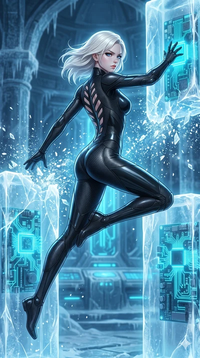 score_9, masterpiece, best quality, ultra-detailed, high-budget anime keyframe, Caucasian woman, strictly human ears. upper body close-up from the thighs up, character filling the screen for maximum presence. leaping inside a sub-zero cybernetic ice 