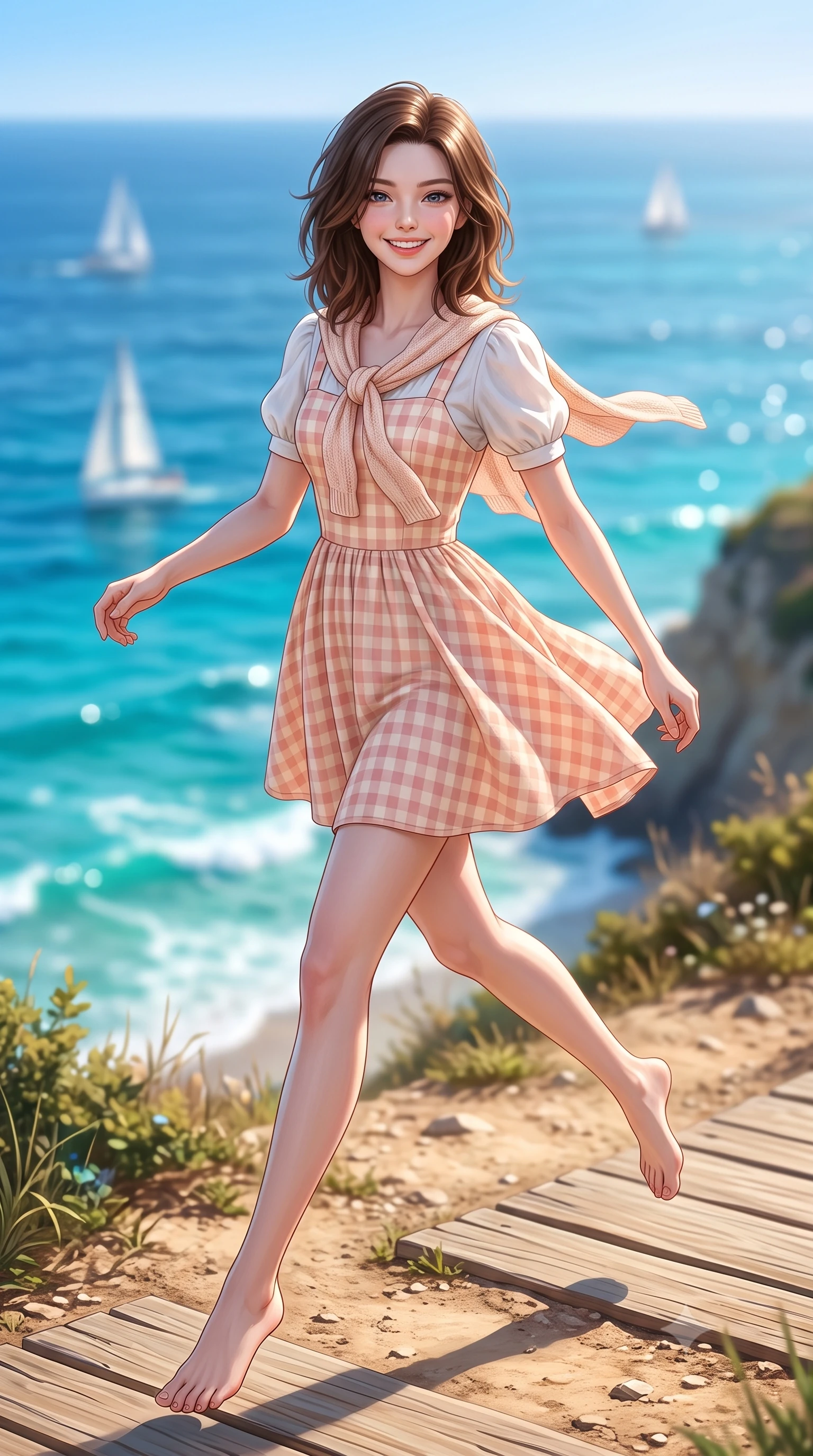score_9, masterpiece, best quality, ultra-detailed, high-budget anime keyframe, semi-realistic 3D game render, editorial fashion photography, tasteful artistic composition, Korean woman. low angle full-body shot from head to toe showing her feet, filling the entire 9:16 vertical frame with her statuesque presence, stretching her vertical silhouette. leaping with lighthearted youthful energy across the natural path with a dazzling bright smile and balanced athletic poise while walking cheerfully along a scenic cliffside wooden promenade overlooking a dazzling sapphire and turquoise ocean. The composition keeps background elements in soft focus with creamy bokeh. sparkling turquoise ocean waves and distant white sailboat silhouettes blurred into clean marine blue and seafoam bokeh. She has an absolutely perfect, statuesque 8.5-heads proportion, an exceptionally tall and slender model-like female figure with impossibly long slender legs, a toned flat midriff, and an ultra-slim waist. sharp v-shaped jawline, high-bridge nose, intricate jewel-like eyes with depth, thick eyelashes, glossy lips with a natural sheen, pure and lovely fresh girlhood expression, flawlessly proportioned anatomical accuracy, strict slender model proportions, natural body alignment, perfectly sculpted long slender limbs, ultra-slim waistline, clean dynamic posture without body distortion. wearing a charming pastel gingham pinafore dress layered over a soft white puff-sleeve blouse in warm peach blossom pink and champagne ivory, crafted from soft breathable linen that flutters gently in the breeze, finished with a lightweight knitted scarf draped loosely around her neck, the breezy lightweight fabric fluttering softly against her delicate collarbones, narrow waist, and feminine curves. bathed in brilliant coastal summer sunshine and turquoise ocean water ambient bounce. highly saturated vibrant anime colors, detailed shading with soft gradients, rich glossy textures, high-contrast stereoscopic depth, volumetric dynamic lighting, master piece, 9:16 ratio