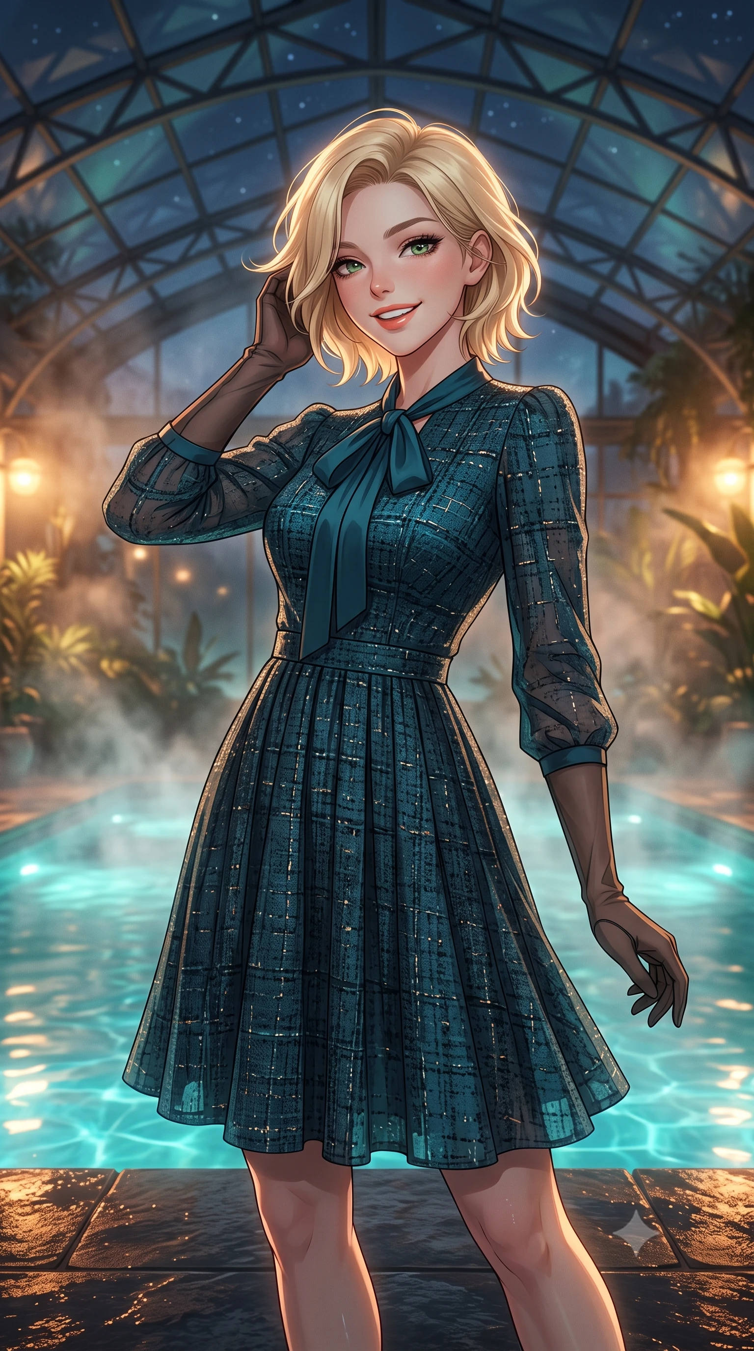 score_9, masterpiece, best quality, ultra-detailed, high-budget anime keyframe, editorial fashion photography, tasteful artistic composition, Caucasian woman. close-up cowboy shot from the waist and thighs up, the character dominates the composition, filling the frame with her large presence. gently brushing a lock of hair behind her ear while casting a playful, flirtatious side-gaze with long eyelashes while standing poised on the heated lava stone deck beside the steaming botanical thermal pool under the soaring glass conservatory truss, arching her back with siren allure. The background shows a soft-focus rising geothermal water vapor softened in exclusive botanical retreat shallow focus. She has an exceptionally elegant, slender, and willowy female figure with an ultra-slim waist, flat toned midriff, narrow ribcage, and sculpted feminine hips creating an alluring, slim hourglass silhouette without bulk. sharp v-shaped jawline, high-bridge nose, intricate jewel-like sparkling eyes with depth, thick eyelashes, glossy parted lips with a natural peach sheen, bright cheerful beaming smile with an enchanting and coquettish sensual glint, exuding both youthful cute charm and seductive allure, flawlessly proportioned anatomical accuracy, strict slender model proportions, natural body alignment, perfectly sculpted long slender limbs, ultra-slim waistline, clean dynamic posture without body distortion. wearing an elegant long-sleeve silk georgette tea dress with pleated A-line skirt and neck pussy-bow in Icelandic geothermal cyan and volcanic basalt obsidian, woven from structured British tweed with subtle metallic flecks, complemented by sheer opera-length evening gloves tracing her slender arms, the bespoke structured tailoring following the natural line of her 8.5-heads silhouette with refined elegance. bathed in warm 2600K botanical grow lamps combined with turquoise underwater pool LEDs and clear Arctic starlight through glass. ultra-reflective glossy finish, specular highlights, rich textural contrasts, high-contrast stereoscopic depth, volumetric dynamic lighting, 2k, ultra detail, master piece, 9:16 ratio