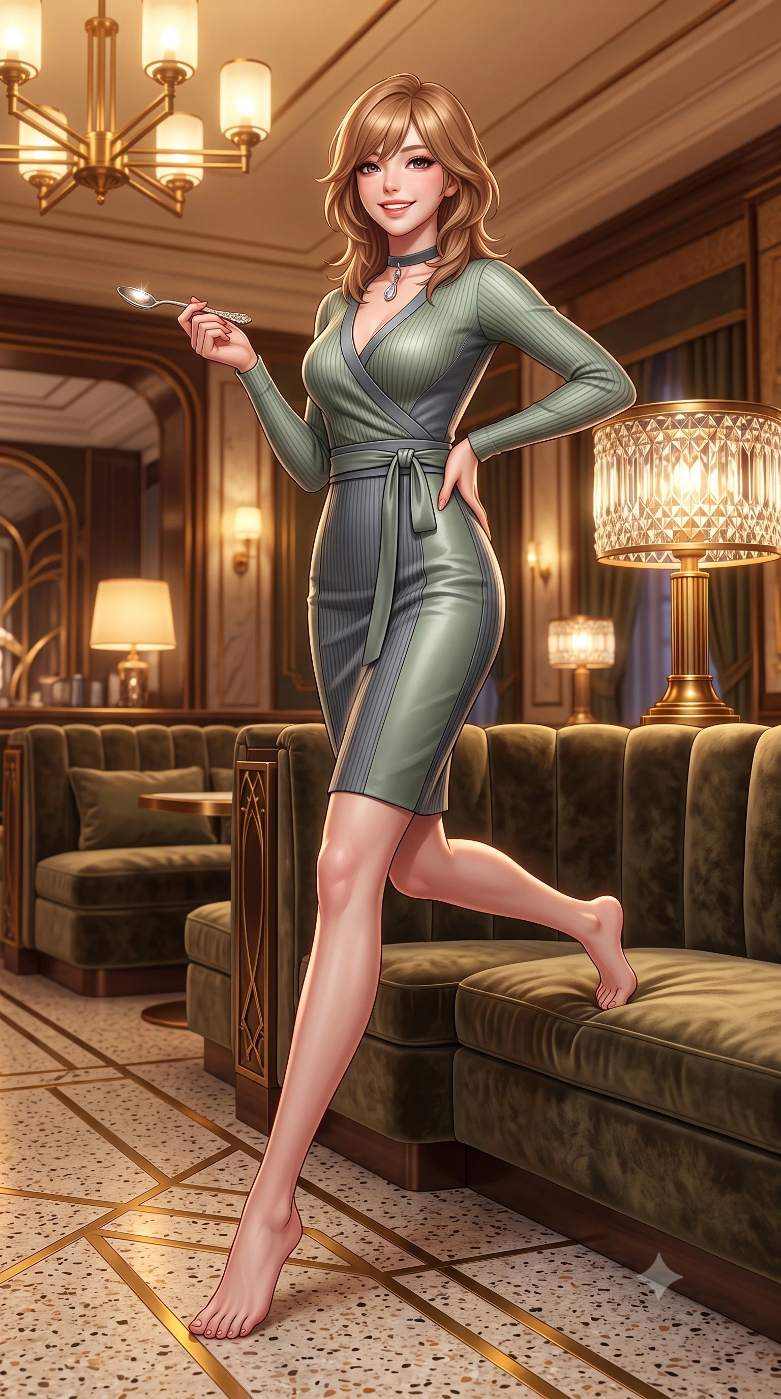 score_9, masterpiece, best quality, ultra-detailed, high-budget anime keyframe, semi-realistic 3D game render, editorial fashion photography, tasteful artistic composition, Korean woman. low angle full-body shot from head to toe showing her feet, filling the entire 9:16 vertical frame with her statuesque presence, stretching her vertical silhouette. walking briskly with tall supermodel strides, one hand placed on her narrow hip, her impossibly long slender legs commanding the frame while perched gracefully on the edge of the velvet banquette, holding a silver dessert spoon with playful, charming elegance. The surrounding environment is rendered in vivid detail and crisp panoramic clarity: sharp brass geometric inlay strips in terrazzo flooring, cut-crystal lamp shade facets, and velvet upholstery pile in deep focus. She has an exceptionally tall and slender model-like 8.5-heads proportion, an ultra-slim waist, a flat toned midriff, narrow delicate ribcage, and beautifully sculpted feminine hips creating a graceful, slim hourglass silhouette without any bulky heaviness, with impossibly long slender legs. sharp v-shaped jawline, high-bridge nose, intricate jewel-like sparkling eyes with depth, thick eyelashes, glossy parted lips with a natural peach sheen, bright cheerful beaming smile with an enchanting and coquettish sensual glint, exuding both youthful cute charm and seductive allure, flawlessly proportioned anatomical accuracy, strict slender model proportions, natural body alignment, perfectly sculpted long slender limbs, ultra-slim waistline, clean dynamic posture without body distortion. wearing a form-fitting ribbed silk-cashmere wrap dress with a cinched sash belt framing her feminine hourglass proportions in misty Arashiyama bamboo green and slate grey, crafted from buttery-soft stretch lambskin leather adhering to her body like a second skin, finished with a narrow velvet neck ribbon and a sparkling teardrop crystal pendant, the form-contouring silhouette accentuating her sculpted flat midriff, narrow delicate ribcage, and gracefully curvy hips with intoxicating allure. bathed in warm 2900K incandescent amber illumination from authentic Art Deco brass chandeliers and table lamps. highly saturated vibrant anime colors, detailed shading with soft gradients, rich glossy textures, high-contrast stereoscopic depth, volumetric dynamic lighting, master piece, 9:16 ratio