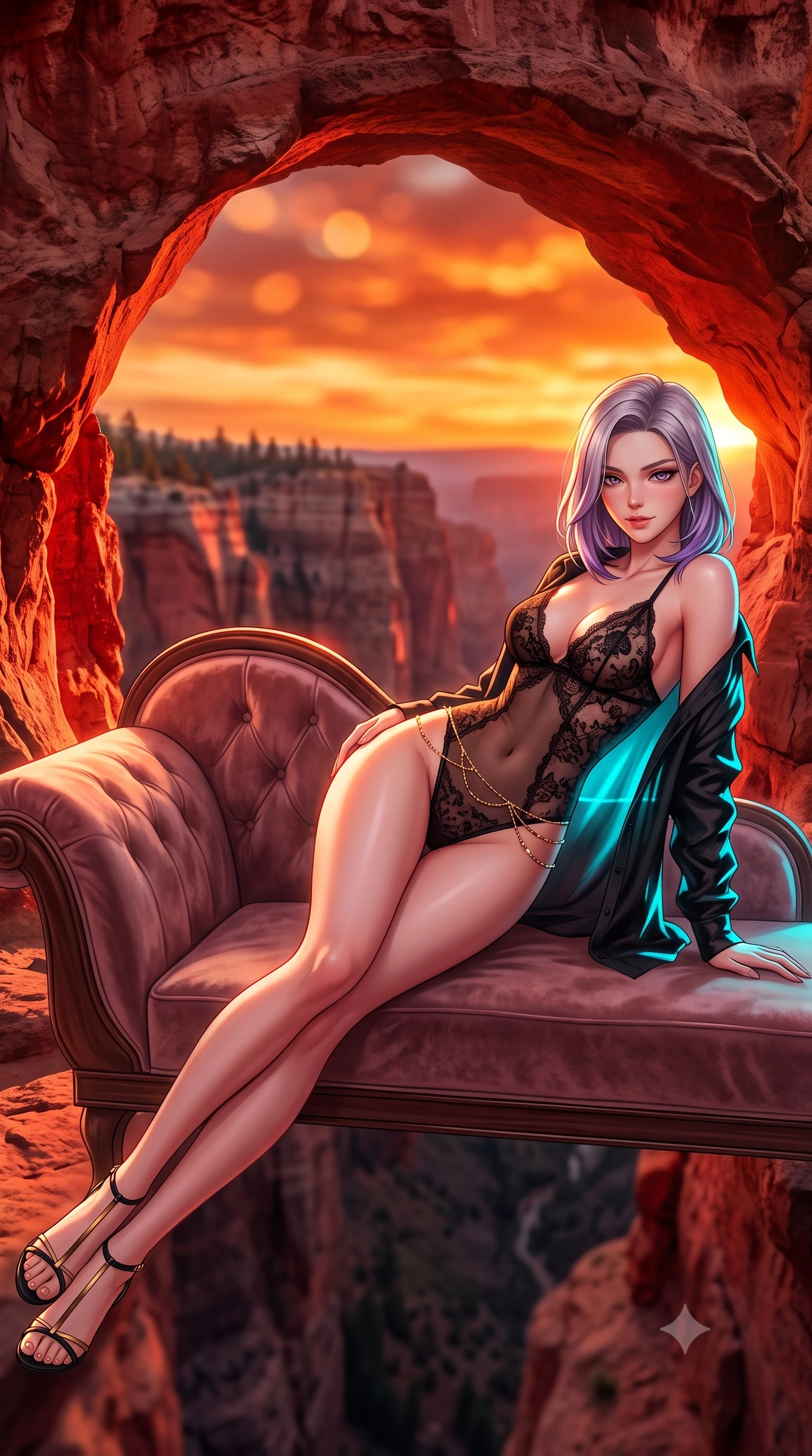 score_9, masterpiece, best quality, ultra-detailed, high-budget anime keyframe, semi-realistic 3D game render, editorial fashion photography, tasteful artistic composition, Caucasian woman. low angle full-body shot from head to toe showing her feet, filling the entire 9:16 vertical frame with her statuesque presence, stretching her vertical silhouette. reclining gracefully across the plush chaise lounge with one leg extended, her sculpted silhouette and flat midriff radiating magnetic nocturnal glamour while framed within the dramatic red sandstone natural arch high above the canyon, arching her back with breathtaking goddess grace. The background shows a soft-focus deep canyon crevices, pine-dotted plateaus, and molten orange sunset sky blurred into crimson, copper, and fiery gold bokeh. She has an absolutely perfect, statuesque 8.5-heads proportion, an exceptionally tall and slender model-like female figure with impossibly long slender legs, an ultra-slim waist, a flat toned midriff, narrow delicate ribcage, and beautifully sculpted feminine hips creating a graceful, slim hourglass silhouette without any bulky heaviness. sharp v-shaped jawline, high-bridge nose, sparkling eyes with hypnotic seductive depth, thick curled eyelashes, glossy parted lips with a natural dewy peach sheen, alluring bedroom-eyes with an enchanting coquettish smile, exuding magnetic siren charisma and sophisticated glamour, flawlessly proportioned anatomical accuracy, strict slender model proportions, natural body alignment, perfectly sculpted long slender limbs, ultra-slim waistline, clean dynamic posture without body distortion. wearing a delicate sheer floral lace beach teddy layered under an open linen shirt draped casually over bare shoulders in wet-look onyx black with electric cyan reflections, tailored from ultra-soft distressed suede with velvety hand-feel and rich shadow depth, accented with a dainty gold belly chain resting across her flat midriff and curving hips, the liquid-tight tailored fabric clinging flawlessly to her narrow waist and rounded feminine hips, emphasizing every millimeter of her sculpted slim hourglass curves without any bulky heaviness. bathed in intense crimson-and-gold sunset illumination bouncing directly off the canyon rock walls. highly saturated vibrant anime colors, detailed shading with soft gradients, rich glossy textures, high-contrast stereoscopic depth, volumetric dynamic lighting, master piece, 9:16 ratio
