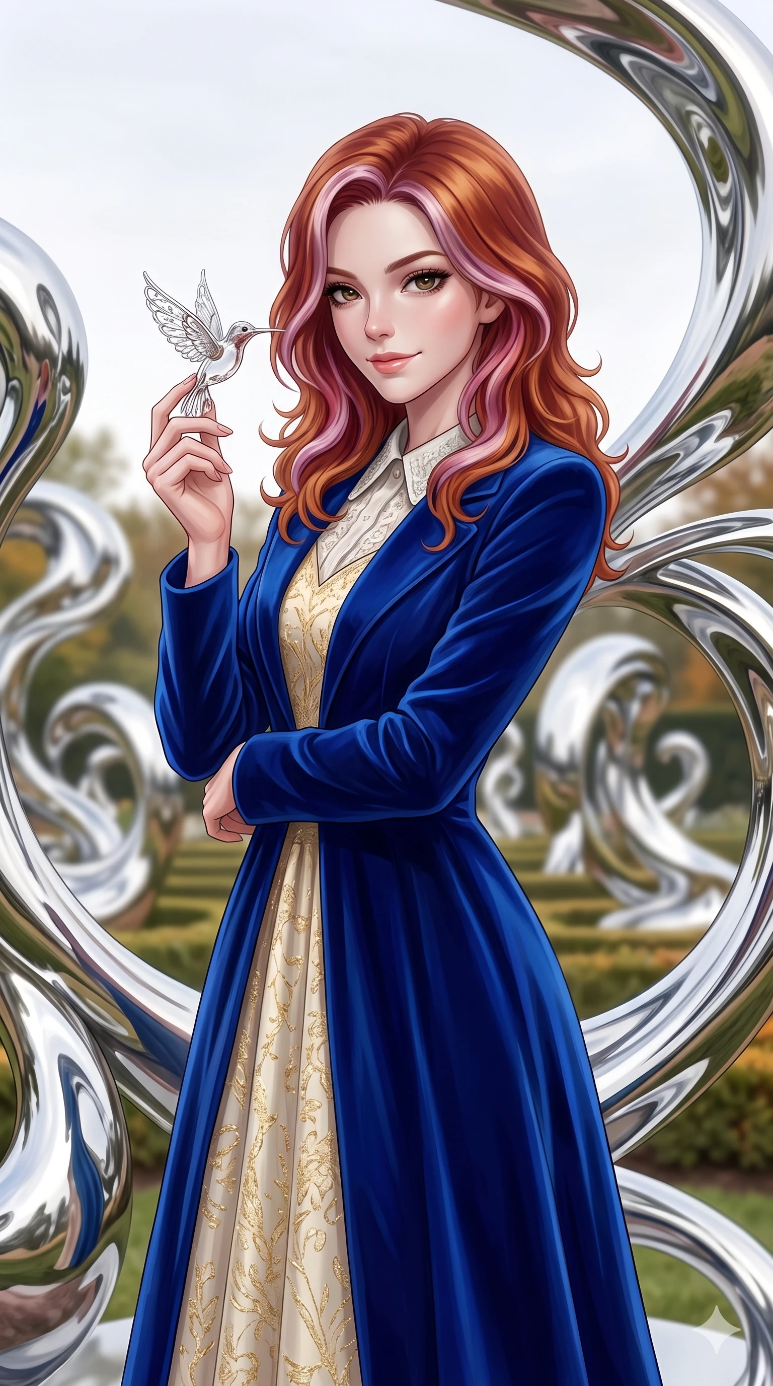 score_9, masterpiece, best quality, ultra-detailed, high-budget anime keyframe, editorial fashion photography, tasteful artistic composition, Caucasian woman, strictly human ears. close-up cowboy shot from the waist and thighs up, the character dominates the composition, filling the frame with her large presence, background elements kept in soft focus. Holding a delicate object up near her face while gazing at the viewer with a knowing smile. set against a soft-focus background of a manicured garden filled with abstract sculptures made of living liquid chrome that constantly shift and reshape themselves reflecting and distorting the surrounding landscape in mercurial curves. She has an exceptionally elegant and slender, willowy female figure with an ultra-slim waist, a gracefully sculpted slender torso, and a refined slim physique. sharp v-shaped jawline, high-bridge nose, intricate jewel-like eyes with depth, thick eyelashes, glossy lips with a natural sheen. wearing a regal royal blue velvet long coat layered over a gold-threaded cream midi dress, detailed with a soft white collar. bright overcast sky providing even soft light that creates perfect mirror reflections on the chrome surfaces with subtle warm undertones from the garden greenery. 2k, ultra detail, master piece, 9:16 ratio