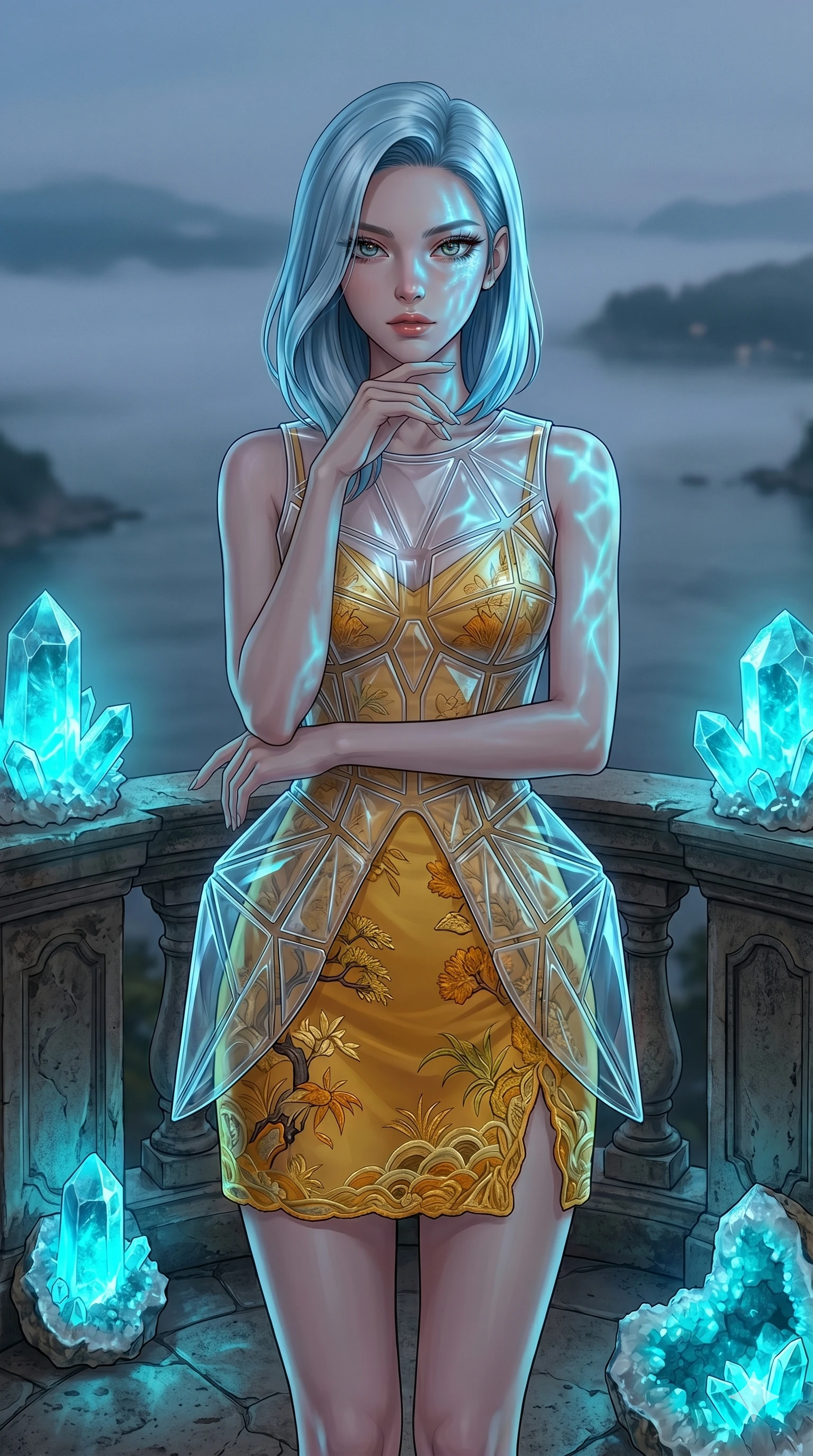 score_9, masterpiece, best quality, ultra-detailed, high-budget anime keyframe, editorial fashion photography, tasteful artistic composition, Korean woman. cowboy shot from the thighs up, character and outfit filling the frame for maximum editorial presence. resting her chin on her fingers, casting a composed quiet, intense gaze beneath thick lashes on a balcony overlooking a misty bay (Code-P17-193). She has an absolutely perfect 8-heads proportion, an exceptionally tall and slender female figure with impossibly long slender legs and an ultra-slim waist. V-shaped jawline, high-bridge nose, intricate jewel-like eyes with depth, thick eyelashes, glossy lips with a natural sheen. wearing a translucent polymer structured bodice over a yellow patterned embroidery slip dress. mystical cyan glow from the crystal geodes, creating a strong contrast with the shadow. 2k, ultra detail, master piece, 9:16 ratio