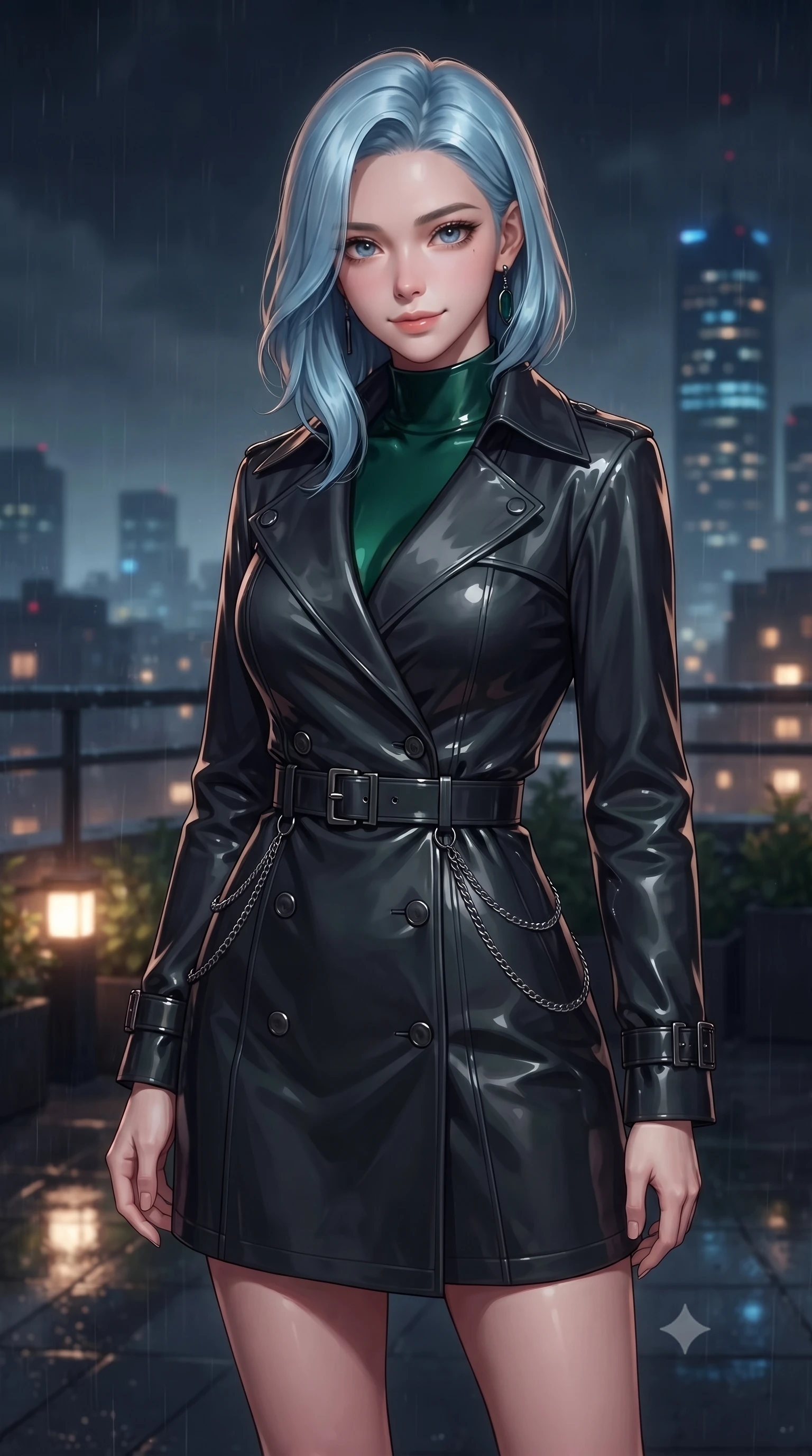 score_9, masterpiece, best quality, ultra-detailed, high-budget anime keyframe, editorial fashion photography, tasteful artistic composition, Korean woman. close-up cowboy shot from the waist and thighs up, the character dominates the composition, filling the frame with her large presence, background elements kept in soft focus. Smiling with quiet, magnetic self-assurance directly into the camera, gazing out over the misty dark skyline from a high rain-drenched rooftop, distant skyscraper lights forming soft dark amber and blue bokeh in the background. She has an exceptionally elegant, slender, and willowy female figure with an ultra-slim waist, a gracefully sculpted slender torso, and a refined silhouette. sharp v-shaped jawline, high-bridge nose, intricate jewel-like eyes with depth, thick eyelashes, glossy lips with a natural sheen. wearing structured dark charcoal trench dress over sleek high-neck top in deep emerald green, made of high-gloss liquid vinyl, framed by dark titanium buckles and silver chain details, highlighting her statuesque proportions and ultra-slim waistline. illuminated by low warm amber garden lights and distant city skyglow. highly saturated vibrant anime colors, detailed shading with soft gradients, rich glossy textures, high-contrast stereoscopic depth, volumetric dynamic lighting, master piece, 9:16 ratio