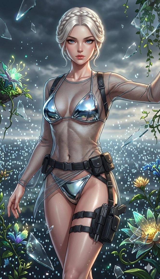 score_9, masterpiece, best quality, ultra-detailed, Set A: High-budget Anime Keyframe, Caucasian (strictly human ears) woman. Upper body close-up from the thighs up, character filling the screen for maximum presence. Dancing through a floating botanical garden, while a digital blizzard of 119 bits obscures the horizon and surrounded by shattered glass fragments. She has an absolutely perfect 8-heads proportion, an exceptionally tall and slender female figure with impossibly long slender legs and an ultra-slim waist. Sharp v-shaped jawline, high-bridge nose, intricate jewel-like eyes with depth, thick eyelashes, glossy lips with a natural sheen. Wearing Reflective chrome bikini under a translucent mesh cover-up with tactical holsters. Cinematic lighting, vibrant colors, dramatic shadows, 2k, ultra detail, master piece, 9:16 ratio