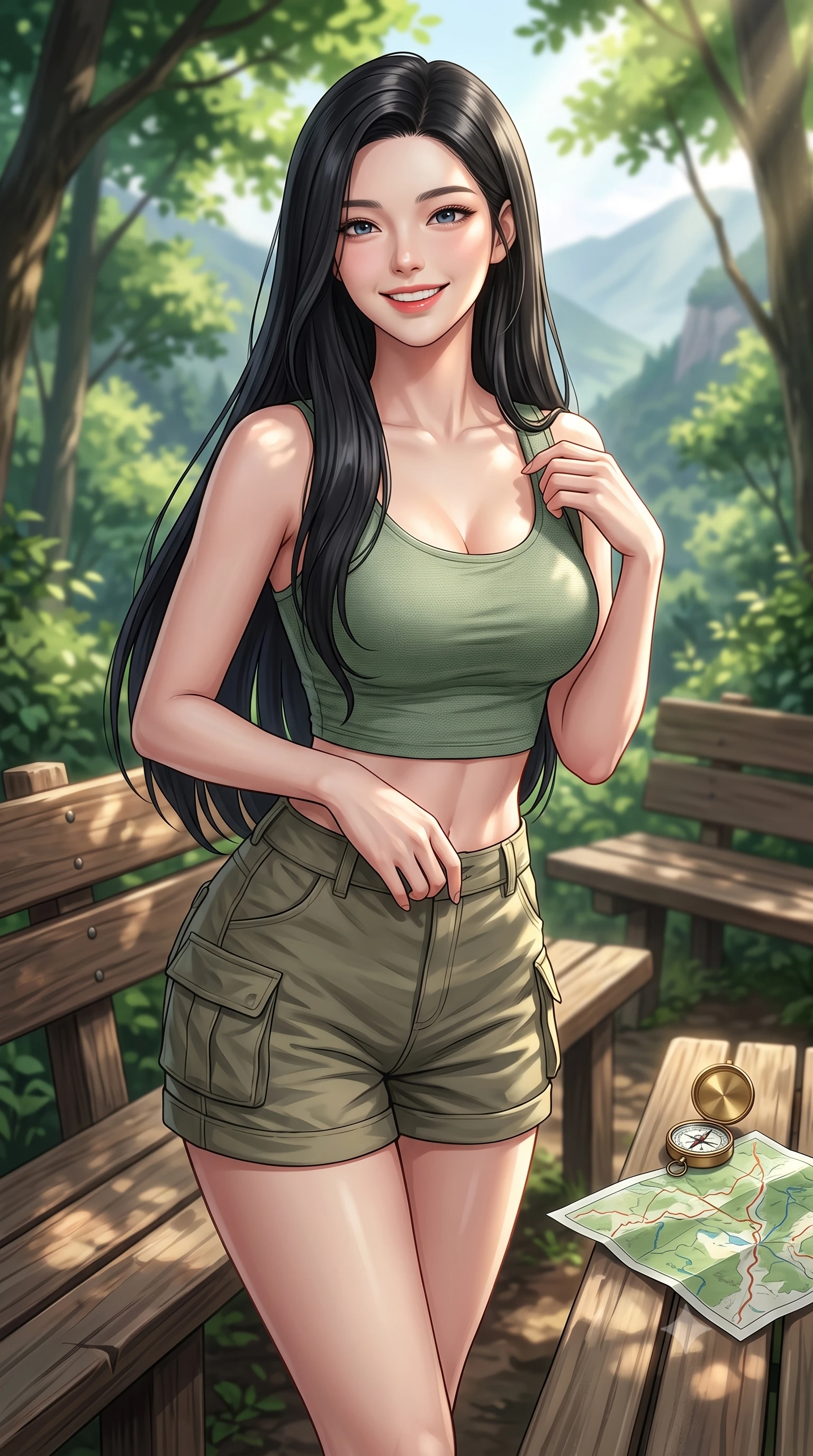 score_9, masterpiece, best quality, ultra-detailed, high-budget anime keyframe, editorial fashion photography, tasteful artistic composition, Korean woman. close-up cowboy shot from the waist and thighs up, the character dominates the composition, filling the frame with her large presence, background elements kept in soft focus. gazing past the camera with a happy, bright expression and a warm smile set against a soft-focus background of at a rest area along a scenic valley hiking trail with wooden benches with a small compass and a map of the forest trail on a nearby bench. She has an exceptionally elegant, slender, and willowy female figure with an ultra-slim waist, a gracefully sculpted slender torso, and a refined silhouette. sharp v-shaped jawline, high-bridge nose, intricate jewel-like eyes with depth, thick eyelashes, glossy lips with a natural sheen. wearing slim-fit stylish crop top in sage green, paired with lightweight cargo shorts. dappled sunbeams filtering through the dense green forest canopy. highly saturated vibrant anime colors, detailed shading with soft gradients, rich glossy textures, high-contrast stereoscopic depth, volumetric dynamic lighting, master piece, 9:16 ratio