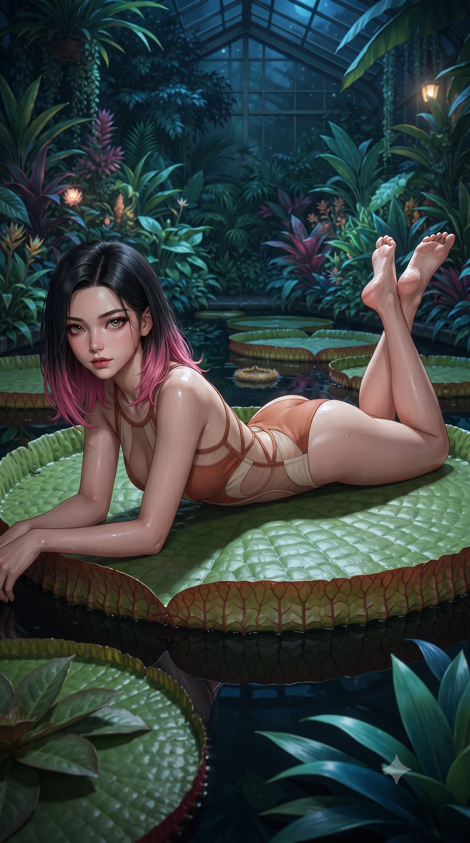 score_9, masterpiece, best quality, ultra-detailed, high-budget anime keyframe, editorial fashion photography, tasteful artistic composition, Korean woman. close-up cowboy shot from the waist and thighs up, the character dominates the composition, filling the frame with her large presence. leaning back with relaxed seductive grace, her sculpted collarbones and narrow waist highlighted as she casts smoldering bedroom-eyes directly into the camera while reclining face down atop a floating giant Victoria water lily pad with head turned toward the lens, legs playfully bent at the knees to highlight her hip silhouette. The surrounding environment is rendered in vivid detail and crisp panoramic clarity. lush nocturnal greenhouse chiaroscuro and enchanted botanical sanctuary aesthetics in precision. She has an exceptionally elegant, slender, and willowy female figure with an ultra-slim waist, a gracefully sculpted slender torso, toned flat midriff, and rounded feminine hips creating an alluring hourglass silhouette. sharp v-shaped jawline, high-bridge nose, intricate jewel-like eyes with depth, thick eyelashes, glossy parted lips with a natural sheen, intensely captivating and seductive bedroom-eyes expression, flawlessly proportioned anatomical accuracy, strict slender model proportions, natural body alignment, perfectly sculpted long slender limbs, ultra-slim waistline, clean dynamic posture without body distortion. wearing a botanical cutout monokini with organic leaf-curve side openings and high-cut hip bands in warm terracotta and natural linen cream, made of sheer contouring power-mesh panels with anatomical curve lines, finished with criss-cross back straps highlighting her graceful bare spine, the second-skin form-contouring cut accentuating her sculpted flat midriff, narrow waistline, and dramatically curvy hips without adding bulk. illuminated by wet specular highlights accentuating her slender neckline, sculpted waist, and rounded hips. ultra-reflective glossy finish, specular highlights, rich textural contrasts, high-contrast stereoscopic depth, volumetric dynamic lighting, 2k, ultra detail, master piece, 9:16 ratio