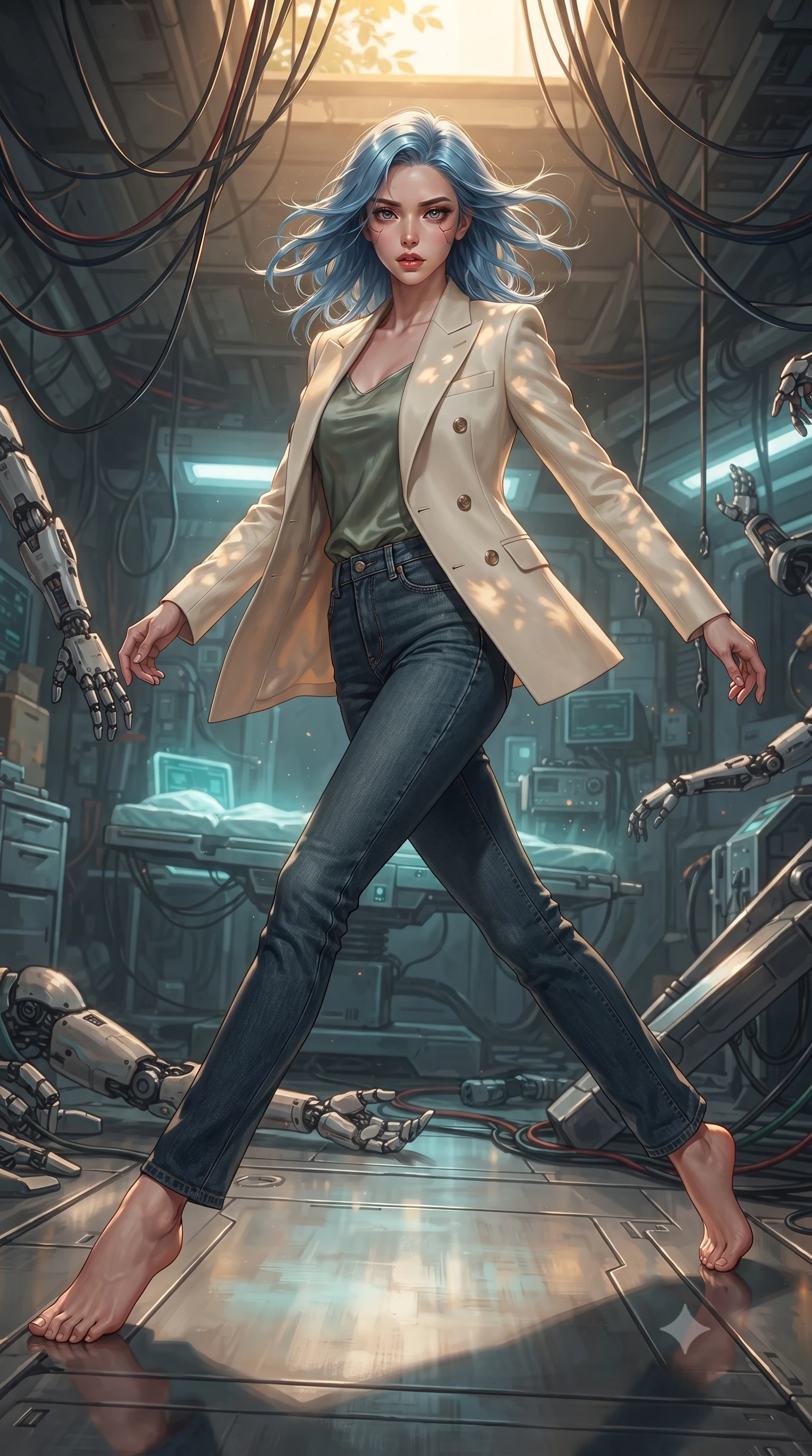 score_9, masterpiece, best quality, ultra-detailed, high-budget anime keyframe, editorial fashion photography, tasteful artistic composition, realistic cosplay photography, Korean woman. low angle full-body shot from head to toe showing her feet, filling the entire 9:16 vertical frame with her statuesque presence, stretching her vertical silhouette. skidding across a metal flight deck as the starship tilts violently during battle inside a cluttered underground cyberware clinic, wires hanging from the ceiling and broken android arms scattered near a glowing operating table. She has a statuesque 8.5-heads proportion, an exceptionally tall, slender and willowy model-like build with impossibly long legs and a highly sculpted ultra-slim waist. sharp v-shaped jawline, high-bridge nose, intricate jewel-like eyes with depth, thick eyelashes, glossy lips with a natural sheen. wearing tailored for maximum mobility, sleek form-contouring panels that allow fluid movement, a body-hugging tailored cream double-breasted blazer over a sage green silk top, paired with raw dark blue denim. warm golden afternoon sunbeams casting soft organic leaf shadows across her skin. ultra-reflective glossy finish, specular highlights, metallic sheen, high-contrast stereoscopic depth, volumetric dynamic lighting, 2k, ultra detail, master piece, 9:16 ratio