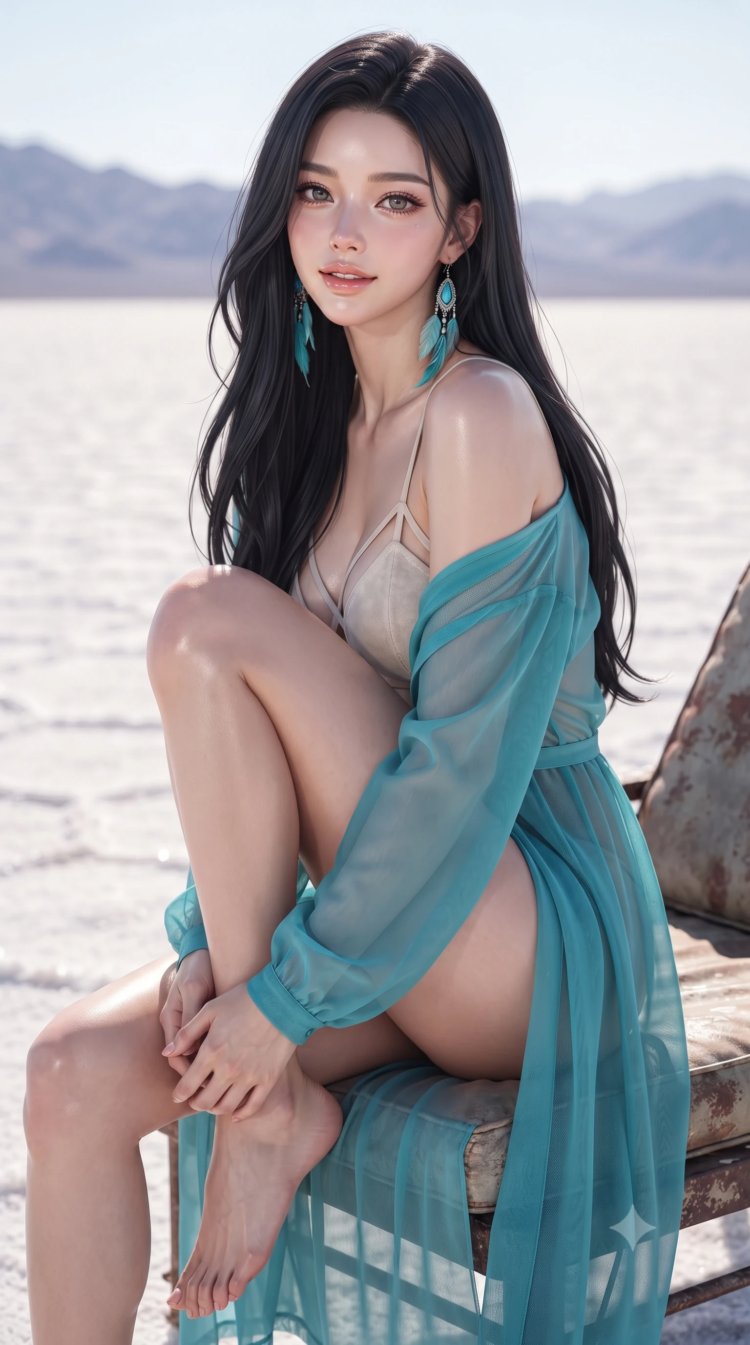 score_9, masterpiece, best quality, ultra-detailed, high-budget anime keyframe, editorial fashion photography, tasteful artistic composition, Korean woman. close-up cowboy shot from the waist and thighs up, the character dominates the composition, filling the frame with her large presence. perched sideways on the lounge seat, one knee drawn up to showcase her slender leg line while her arched back accentuates her feminine hip curve while standing poised against the endless white salt horizon with hips cocked back, looking into the lens with an irresistible bedroom-gaze. The background shows a soft-focus endless white salt crystal hexagons, shimmering atmospheric heat haze, and distant barren purple mountains blurred into opal, violet, and silver bokeh. She has an exceptionally elegant, slender, and willowy female figure with an ultra-slim waist, flat toned midriff, narrow ribcage, and sculpted feminine hips creating an alluring, slim hourglass silhouette without bulk. sharp v-shaped jawline, high-bridge nose, sparkling eyes with hypnotic seductive depth, thick curled eyelashes, glossy parted lips with a natural dewy peach sheen, alluring bedroom-eyes with an enchanting coquettish smile, exuding magnetic siren charisma and sophisticated glamour, flawlessly proportioned anatomical accuracy, strict slender model proportions, natural body alignment, perfectly sculpted long slender limbs, ultra-slim waistline, clean dynamic posture without body distortion. wearing a delicate sheer chiffon western duster robe slipping off bare shoulders over a matching strappy suede bralette in shimmering turquoise aqua and pure pearl alabaster, made of semi-opaque stretch illusion mesh with soft shadowy contours, accented with turquoise and silver bohemian feather earrings swaying near her bare neck, the glove-like clinging cut tightly following the natural contour of her hips and long slender legs with youthful 8.5-heads elegance. bathed in brilliant blinding afternoon sunlight bouncing up from the pure white salt crust. ultra-reflective glossy finish, specular highlights, rich textural contrasts, high-contrast stereoscopic depth, volumetric dynamic lighting, 2k, ultra detail, master piece, 9:16 ratio