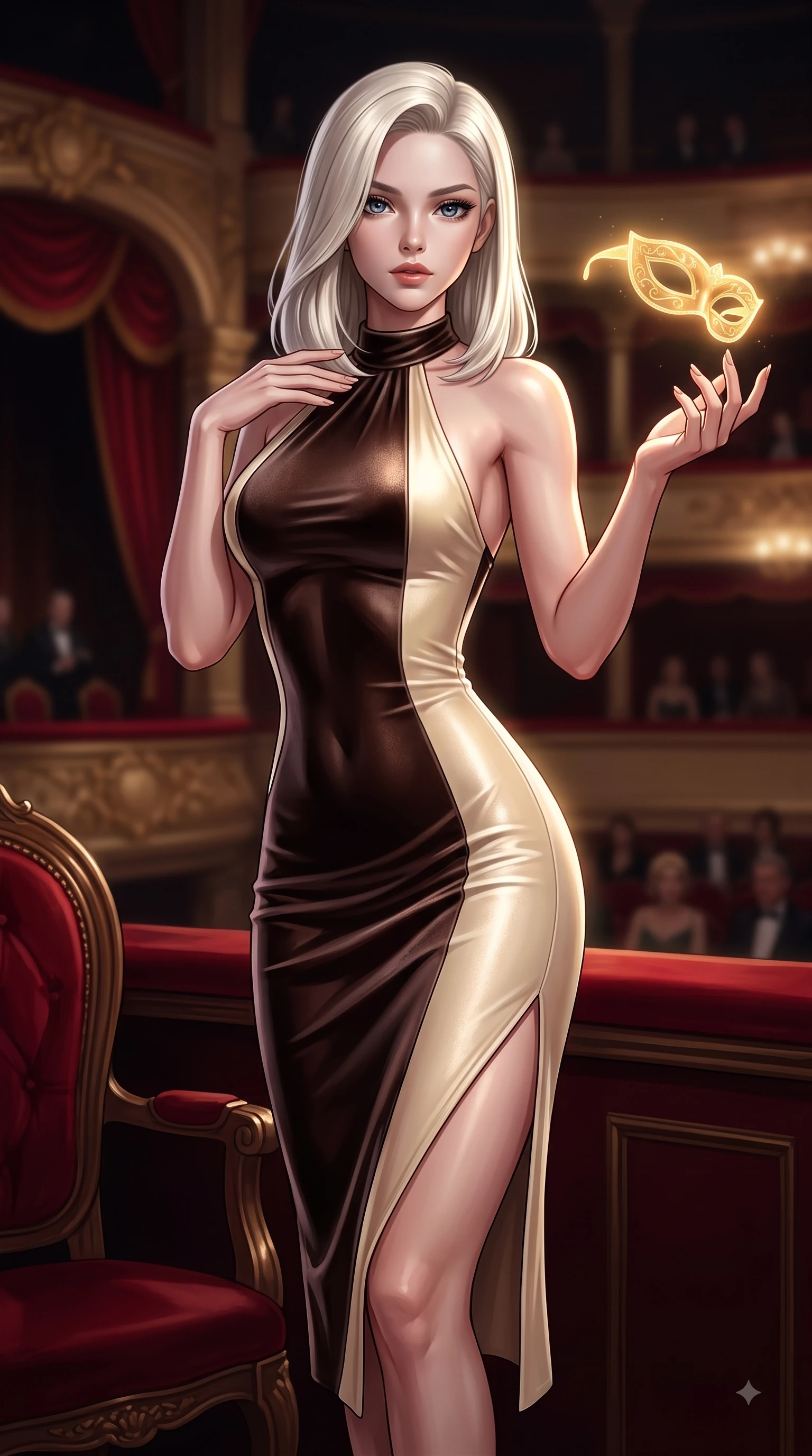 score_9, masterpiece, best quality, ultra-detailed, high-budget anime keyframe, editorial fashion photography, tasteful artistic composition, Caucasian woman. close-up cowboy shot from the waist and thighs up, the character dominates the composition, filling the frame with her large presence, background elements kept in soft focus. Pivoting her torso in an alluring S-curve alignment, one hand gently tracing her collarbone with poise while reaching her hand toward a glowing golden opera spectacle floating in zero-gravity, dramatic theatrical lighting emphasizing every curve of her athletic build. She has an exceptionally elegant, slender, and willowy female figure with an ultra-slim waist, a gracefully sculpted slender torso, and a refined silhouette. sharp v-shaped jawline, high-bridge nose, intricate jewel-like eyes with depth, thick eyelashes, glossy lips with a natural sheen, flawlessly proportioned anatomical accuracy, natural body alignment, perfectly sculpted elegant limbs, clean dynamic posture without body distortion. wearing a velvet halter-neck midi dress following her form like a glove in espresso brown and warm cream, formed from sleek second-skin neoprene, finished with a sleek side slit ascending to mid-thigh, the glove-like fit emphasizing her statuesque silhouette during motion. surrounded by an opulent, dramatic opera box atmosphere with deep chiaroscuro. ultra-reflective glossy finish, specular highlights, metallic sheen, high-contrast stereoscopic depth, volumetric dynamic lighting, 2k, ultra detail, master piece, 9:16 ratio