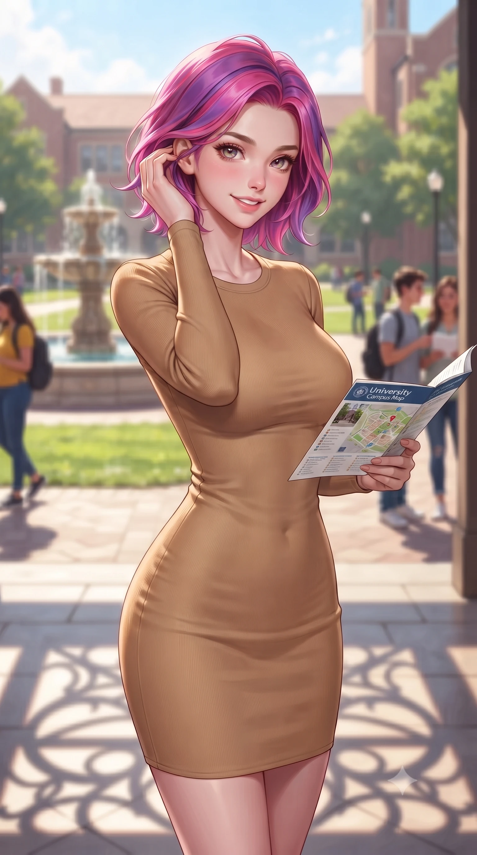 score_9, masterpiece, best quality, ultra-detailed, high-budget anime keyframe, editorial fashion photography, tasteful artistic composition, Caucasian woman. close-up cowboy shot from the waist and thighs up, the character dominates the composition, filling the frame with her large presence, background elements kept in soft focus. smiling cutely while gently brushing a strand of hair behind her ear set against a soft-focus background of in a lively university plaza near a decorative stone fountain and green lawns looking at a campus map brochure with a cheerful, curious look. She has an exceptionally elegant, slender, and willowy female figure with an ultra-slim waist, a gracefully sculpted slender torso, and a refined silhouette. sharp v-shaped jawline, high-bridge nose, intricate jewel-like eyes with depth, thick eyelashes, glossy lips with a natural sheen. wearing body-hugging sleek, body-hugging long-sleeve knit dress in camel, outlining her slender silhouette. bright afternoon sunlight casting crisp shadows of window frames on the floor. highly saturated vibrant anime colors, detailed shading with soft gradients, rich glossy textures, high-contrast stereoscopic depth, volumetric dynamic lighting, master piece, 9:16 ratio