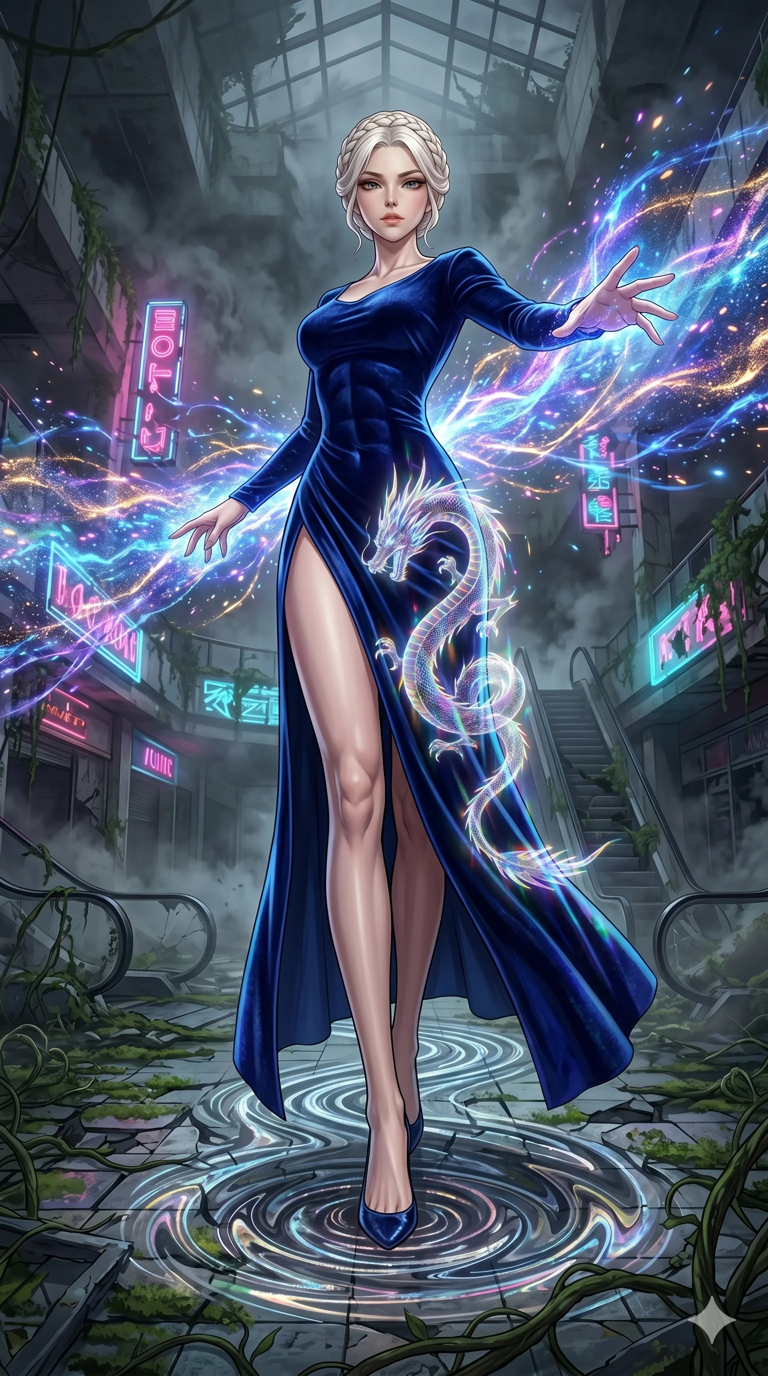 score_9, masterpiece, best quality, ultra-detailed, Set A: High-budget Anime Keyframe, Japanese woman. Low angle cowboy shot filling the entire 9:16 frame with her statuesque presence. Theme: Ethereal Dream. unleashing a massive energy wave in a ruined overgrown shopping mall, as she steps on ripples of time that distort the space 81. The atmosphere is filled with heavy smog with neon flares. She has an absolutely perfect 8-heads proportion, an exceptionally tall and slender female figure with impossibly long slender legs and an ultra-slim waist. Sharp v-shaped jawline, high-bridge nose, intricate jewel-like eyes with depth, glossy lips. Wearing High-slit velvet gown with integrated holographic projection of a dragon. Cinematic lighting, vivid colors, dramatic shadows, 2k, ultra detail, master piece, 9:16 ratio