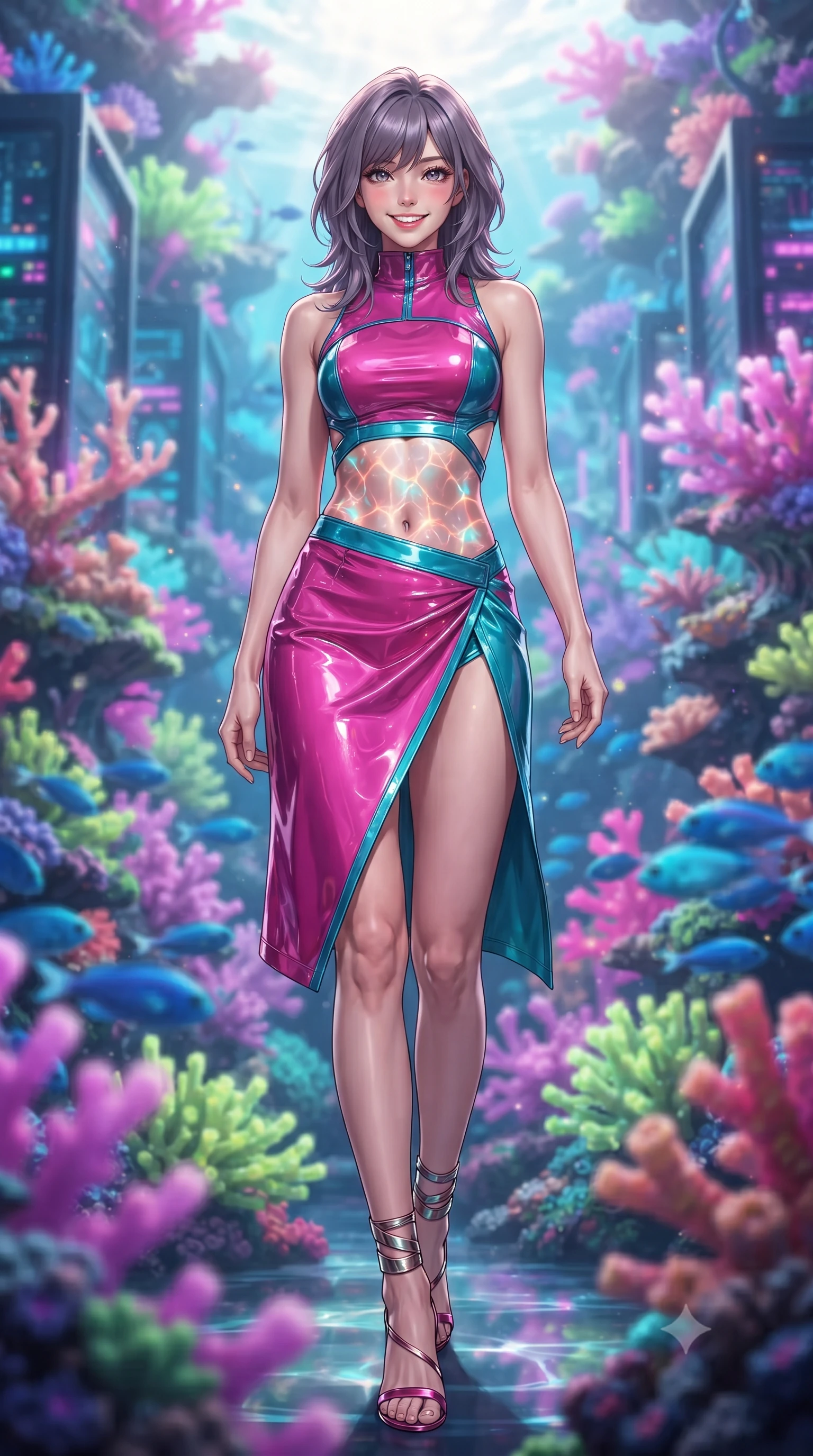 score_9, masterpiece, best quality, ultra-detailed, high-budget anime keyframe, editorial fashion photography, tasteful artistic composition, Japanese woman. low angle full-body shot from head to toe showing her feet, filling the entire 9:16 vertical frame with her statuesque presence, stretching her vertical silhouette. stepping slowly toward the camera with hypnotic grace, hips swaying in an alluring sensual rhythm that accentuates her curvy hourglass silhouette and long slender legs while twisting her slender torso in an alluring S-curve, rippling sunbeams and neon coral glow painting sensual light ribbons across her flat midriff and hips. The background shows a soft-focus living fluorescent magenta, lime, and violet corals growing across pulsing server towers, schools of electric blue reef fish blurred into coral, mint, and amethyst bokeh. She has an exceptionally tall and slender model-like 8.5-heads proportion, an ultra-slim waist, a flat toned midriff, narrow delicate ribcage, and beautifully sculpted feminine hips creating a graceful, slim hourglass silhouette without any bulky heaviness, with impossibly long slender legs. sharp v-shaped jawline, high-bridge nose, intricate jewel-like sparkling eyes with depth, thick eyelashes, glossy parted lips with a natural peach sheen, bright cheerful beaming smile with an enchanting and coquettish sensual glint, exuding both youthful cute charm and seductive allure, flawlessly proportioned anatomical accuracy, strict slender model proportions, natural body alignment, perfectly sculpted long slender limbs, ultra-slim waistline, clean dynamic posture without body distortion. wearing an alluring tactical crop top with asymmetrical side-rib cutouts and high-neck collar paired with a high-slit wrap skirt in Kowloon neon magenta and electric teal, tailored from high-gloss patent leather with mirror-like specular highlights, complemented by strappy stiletto sandals with metallic ankle wraps accentuating her slender calves, the precision-cut side openings and low-back scoop framing her graceful spine and the sensual sweep of her slim, toned hips. bathed in the glowing natural fluorescence of deep corals combined with warm 2500K interior recessed cove lighting. ultra-reflective glossy finish, specular highlights, rich textural contrasts, high-contrast stereoscopic depth, volumetric dynamic lighting, 2k, ultra detail, master piece, 9:16 ratio
