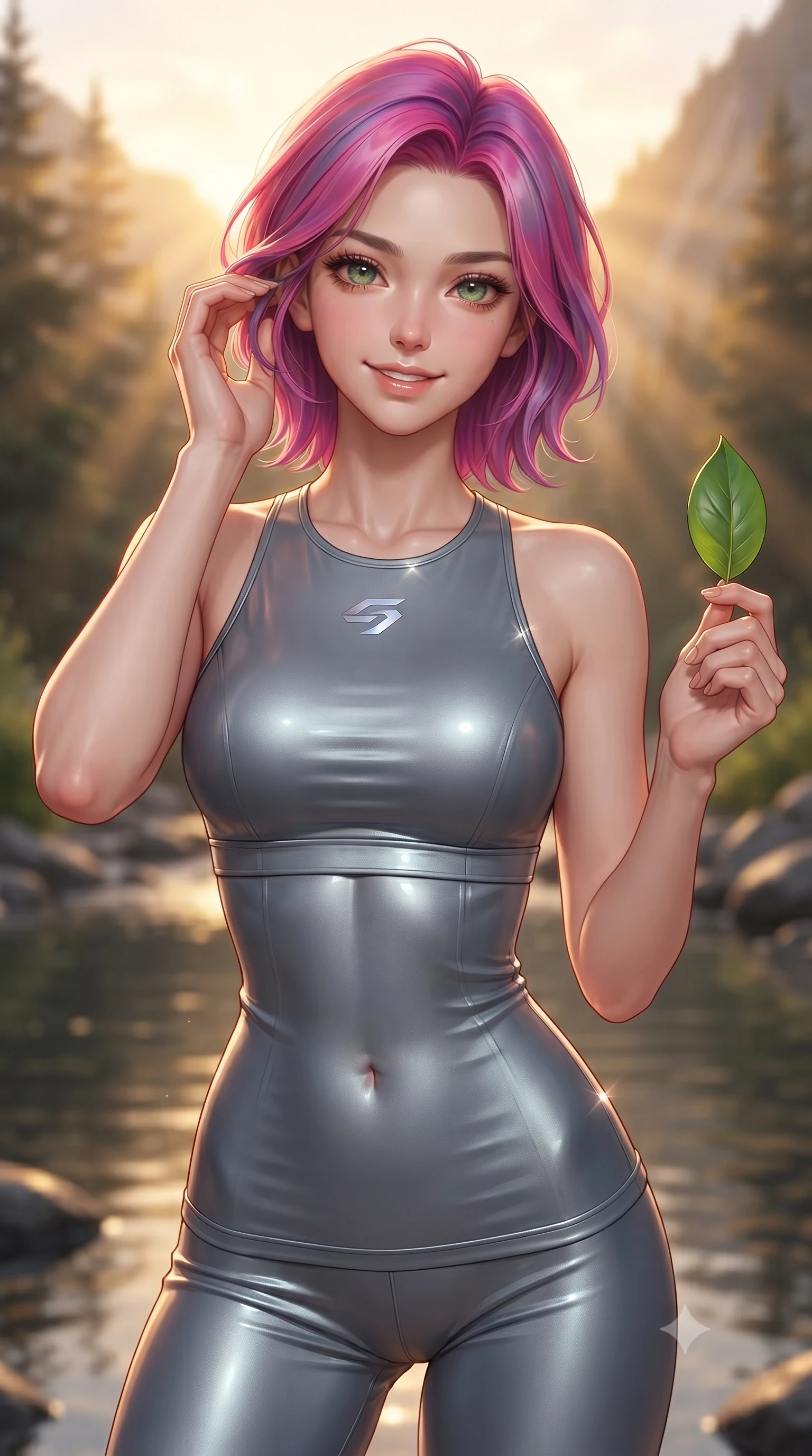 score_9, masterpiece, best quality, ultra-detailed, high-budget anime keyframe, editorial fashion photography, tasteful artistic composition, Caucasian woman. close-up cowboy shot from the waist and thighs up, the character dominates the composition, filling the frame with her large presence, background elements kept in soft focus. smiling cutely while gently brushing a strand of hair behind her ear set against a soft-focus background of next to a quiet forest pond fed by a cold mountain stream holding a smooth green leaf with a happy, refreshed expression. She has an exceptionally elegant, slender, and willowy female figure with an ultra-slim waist, a gracefully sculpted slender torso, and a refined silhouette. sharp v-shaped jawline, high-bridge nose, intricate jewel-like eyes with depth, thick eyelashes, glossy lips with a natural sheen. wearing body-hugging form-fitting activewear top in slate grey, outlining her slender torso. golden hour sunset light slicing through the valley gorge in warm rays. ultra-reflective glossy finish, specular highlights, metallic sheen, high-contrast stereoscopic depth, volumetric dynamic lighting, 2k, ultra detail, master piece, 9:16 ratio
