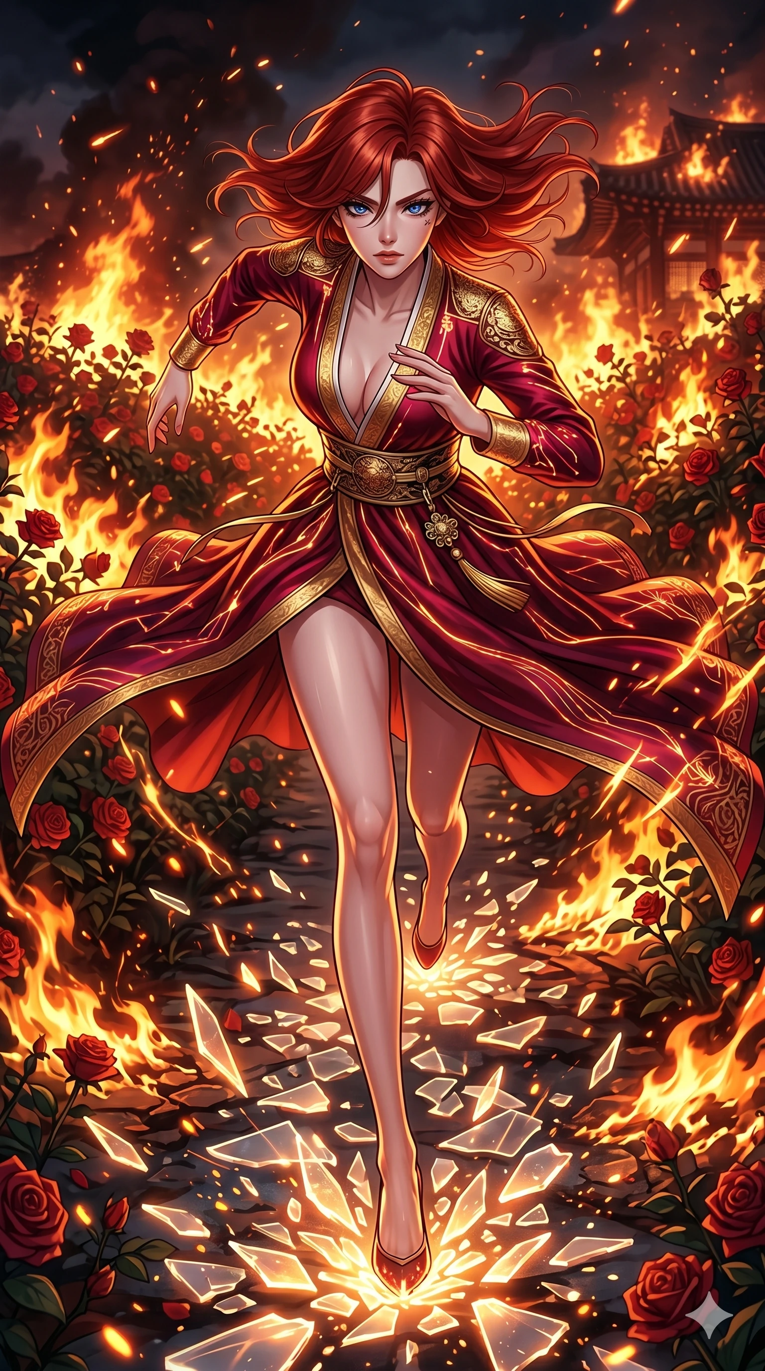 score_9, masterpiece, best quality, ultra-detailed, Set A: High-budget Anime Keyframe, Korean woman. Low angle cowboy shot filling the entire 9:16 frame with her statuesque presence. Sprinting through a burning rose garden, as the ground beneath her turns into 231 shards of light and surrounded by glowing energy sparks. She has an absolutely perfect 8-heads proportion, an exceptionally tall and slender female figure with impossibly long slender legs and an ultra-slim waist. Sharp v-shaped jawline, high-bridge nose, intricate jewel-like eyes with depth, thick eyelashes, glossy lips with a natural sheen. Wearing Deep-plunging silk cyber-hanbok with metallic traditional ornaments and glowing fiber-optic embroidery. Cinematic lighting, vibrant colors, dramatic shadows, 2k, ultra detail, master piece, 9:16 ratio