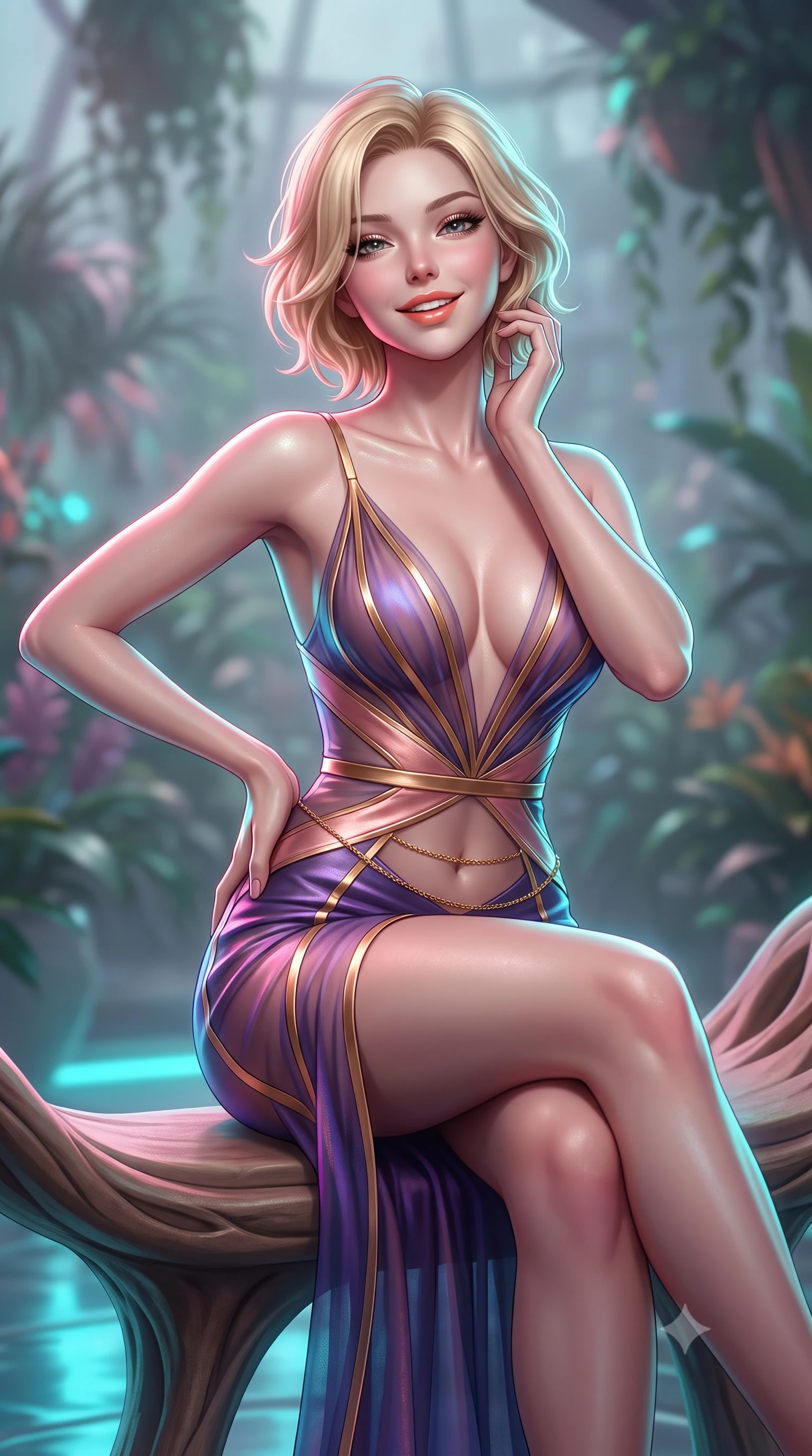 score_9, masterpiece, best quality, ultra-detailed, high-budget anime keyframe, semi-realistic 3D game render, editorial fashion photography, tasteful artistic composition, Caucasian woman. close-up cowboy shot from the waist and thighs up, the character dominates the composition, filling the frame with her large presence. twisting her slender torso in an alluring contrapposto stance, one hand resting on her sculpted hip while her fingers toy with her hair with effortless poise while sitting gracefully on the sculptured organic bench with legs crossed, running one manicured hand slowly along her neck with magnetic poise. The background shows a soft-focus gentle nutrient mist droplets softened in orbital botanical penthouse shallow focus. She has an exceptionally elegant, slender, and willowy female figure with an ultra-slim waist, flat toned midriff, narrow ribcage, and sculpted feminine hips creating an alluring, slim hourglass silhouette without bulk. sharp v-shaped jawline, high-bridge nose, intricate jewel-like sparkling eyes with depth, thick eyelashes, glossy parted lips with a natural peach sheen, bright cheerful beaming smile with an enchanting and coquettish sensual glint, exuding both youthful cute charm and seductive allure, flawlessly proportioned anatomical accuracy, strict slender model proportions, natural body alignment, perfectly sculpted long slender limbs, ultra-slim waistline, clean dynamic posture without body distortion. wearing a plunge-front sheer illusion tulle slip dress with liquid gold ribbon stripes hugging her curves in orbital nebula violet and luminescent rose gold, woven from buttery-soft stretch lambskin leather adhering to her body like a second skin, accented with a dainty gold belly chain resting across her flat midriff and curving hips, the second-skin tailored fabric adhering flawlessly to her sculpted flat midriff and slender torso, emphasizing her long leg lines and perfectly proportioned willowy build. illuminated by floor reflection fill and sharp electric-cyan and rose rim lights defining her dewy collarbones, ultra-slim waist, and curvy hips. highly saturated vibrant anime colors, detailed shading with soft gradients, rich glossy textures, high-contrast stereoscopic depth, volumetric dynamic lighting, master piece, 9:16 ratio