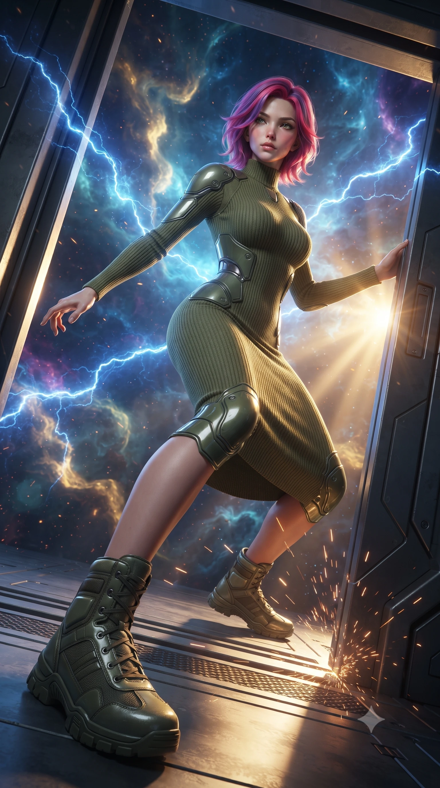 score_9, masterpiece, best quality, ultra-detailed, high-budget anime keyframe, editorial fashion photography, tasteful artistic composition, realistic cosplay photography, Caucasian woman, strictly human ears. low angle full-body shot from head to toe showing her feet, filling the entire 9:16 vertical frame with her statuesque presence, stretching her vertical silhouette. sliding underneath a closing blast door in a sleek combat stance with sparks flying around her inside an ion storm in a nebula, blue electrical discharges arcing between floating gas clouds in space. She has a statuesque 8.5-heads proportion, an exceptionally tall, slender and willowy model-like build with impossibly long legs and a highly sculpted ultra-slim waist. sharp v-shaped jawline, high-bridge nose, intricate jewel-like eyes with depth, thick eyelashes, glossy lips with a natural sheen. wearing tailored for maximum mobility, sleek form-contouring panels that allow fluid movement, a tailored form-fitting olive green ribbed-knit midi dress with a high collar, contouring her willowy torso and narrow waist. golden hour sunlight streaming in warm shafts with floating dust particles catching the light. ultra-reflective glossy finish, specular highlights, metallic sheen, high-contrast stereoscopic depth, volumetric dynamic lighting, 2k, ultra detail, master piece, 9:16 ratio