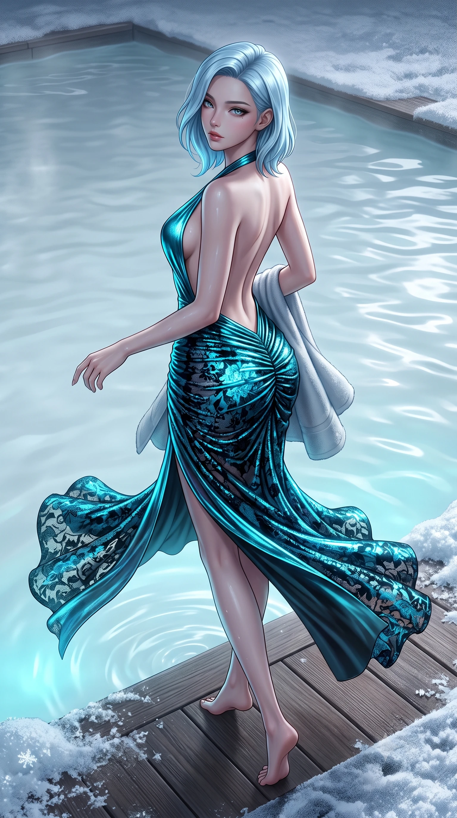 score_9, masterpiece, best quality, ultra-detailed, high-budget anime keyframe, semi-realistic 3D game render, editorial fashion photography, tasteful artistic composition, Korean woman. low angle full-body shot from head to toe showing her feet, filling the entire 9:16 vertical frame with her statuesque presence, stretching her vertical silhouette. executing an elegant mid-motion pivot turn as garments swirl around her slender limbs, glancing over her shoulder with an intoxicating bedroom-gaze while stepping lightly out of the milky thermal water onto the heated wooden deck, wrapping a plush towel loosely around her curvy hips. The surrounding environment is rendered in vivid detail and crisp panoramic clarity. detailed silica mineral water ripples, wet fabric sheen, and frosty snow crystals in high resolution. She has an exceptionally tall and slender model-like 8.5-heads proportion, an ultra-slim waist, a flat toned midriff, narrow delicate ribcage, and beautifully sculpted feminine hips creating a graceful, slim hourglass silhouette without any bulky heaviness, with impossibly long slender legs. sharp v-shaped jawline, high-bridge nose, intricate jewel-like eyes with depth, thick eyelashes, glossy parted lips with a natural sheen, intensely captivating and seductive bedroom-eyes expression, flawlessly proportioned anatomical accuracy, strict slender model proportions, natural body alignment, perfectly sculpted long slender limbs, ultra-slim waistline, clean dynamic posture without body distortion. wearing a plunging halter-neck metallic lamé column dress with a dramatic bare spine and hip-defining ruching in neon electric cyan and lacquer black, formed from shimmering floral lace over smooth opaque silk lining, complemented by a bold geometric choker and sparkling cocktail ring, the form-contouring material adhering flawlessly to her sculpted flat midriff and slender torso, emphasizing her long leg lines and perfectly proportioned willowy build. bathed in soft underwater milky-cyan LED lagoon illumination and cool silver full-moon light from above. highly saturated vibrant anime colors, detailed shading with soft gradients, rich glossy textures, high-contrast stereoscopic depth, volumetric dynamic lighting, master piece, 9:16 ratio