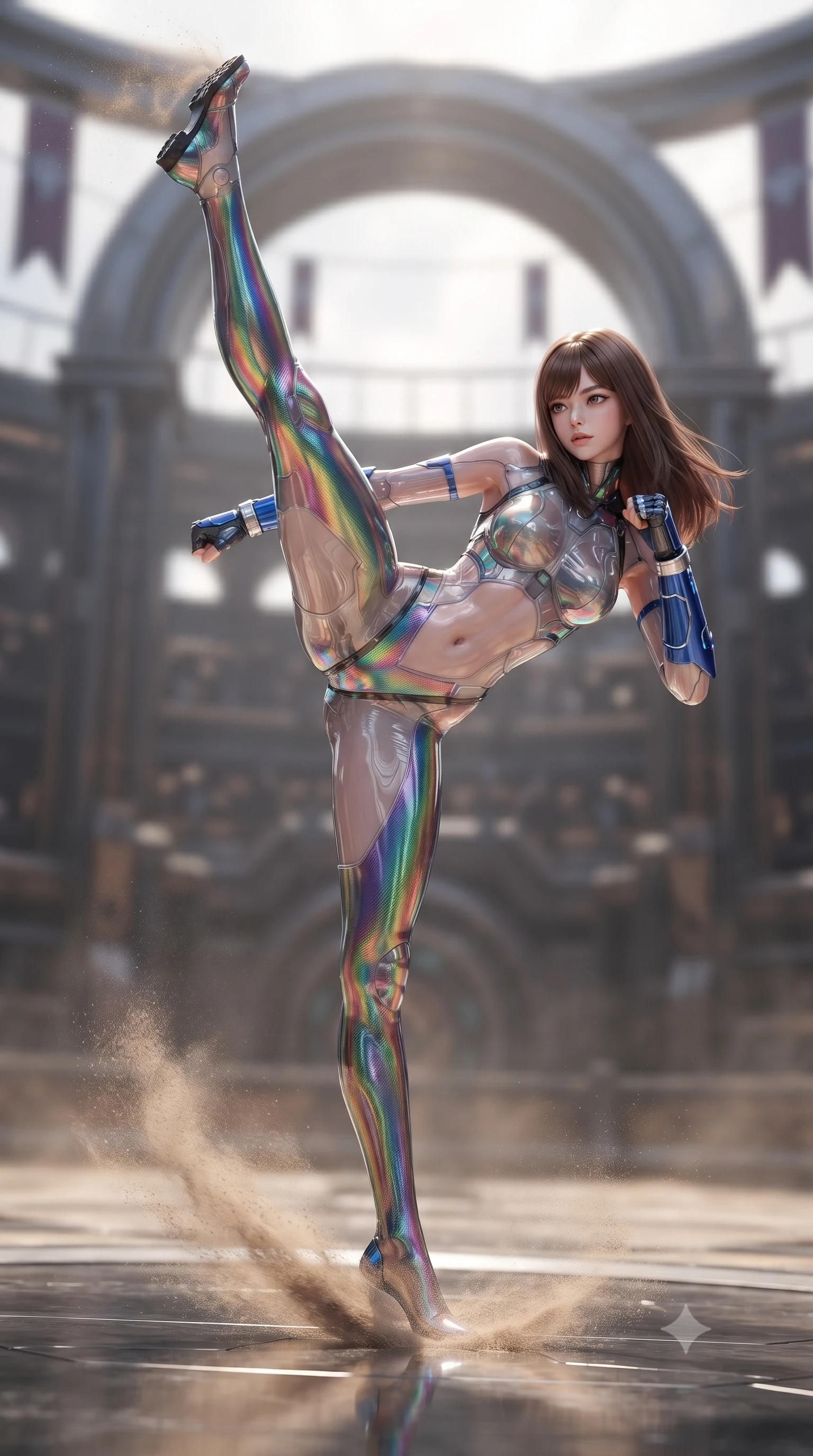 score_9, masterpiece, best quality, ultra-detailed, high-budget anime keyframe, editorial fashion photography, tasteful artistic composition, Korean woman. low angle full-body shot from head to toe showing her feet, filling the entire 9:16 vertical frame with her statuesque presence, stretching her vertical silhouette. pivoting dynamically in a high-speed low sweep kick along the reflective floor, her athletic torso and ultra-slim waist twisting in a fluid arc of power while executing a vertical 180-degree mid-air spinning axe kick in a vast cybernetic colosseum arena as sand swirls beneath her feet. The composition keeps background elements in soft focus with creamy bokeh. massive arena titanium arches and banner pennants softened in dramatic shallow depth of field. She has an absolutely perfect, statuesque 8.5-heads proportion, an exceptionally tall and slender model-like female figure with impossibly long slender legs, a toned flat midriff, and an ultra-slim waist. sharp v-shaped jawline, high-bridge nose, intricate jewel-like eyes with depth, thick eyelashes, glossy lips with a natural sheen, flawlessly proportioned anatomical accuracy, strict slender model proportions, natural body alignment, perfectly sculpted long slender limbs, ultra-slim waistline, clean dynamic posture without body distortion. wearing a high-gloss iridescent rainbow carbon-weave bodysuit with translucent cybernetic panels and Damascus-steel forearm bracers in electric cobalt blue carbon with polished platinum trim, formed from high-gloss patent carbon-plating with specular chiaroscuro reflections, featuring a sleek aerodynamic collar framed by subtle glowing cybernetic status LEDs, the glove-like aerodynamic second-skin fit tightly clinging to her ultra-slender waist and athletic curves without adding bulk, accentuating her razor-sharp statuesque lines and slim hourglass silhouette. surrounded by a glorious, invincible, and fiercely captivating cyber-gladiator empress aura. ultra-reflective glossy finish, specular highlights, dark metallic sheen, high-contrast stereoscopic depth, volumetric dynamic lighting, 2k, ultra detail, master piece, 9:16 ratio